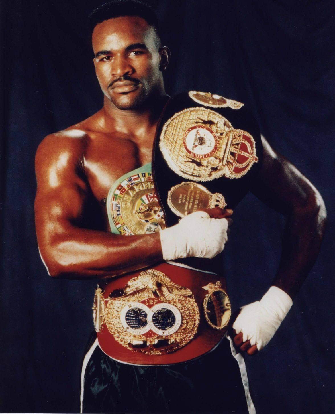 Evander Holyfield, championship belts, dark backdrop, HD Phone Wallpaper