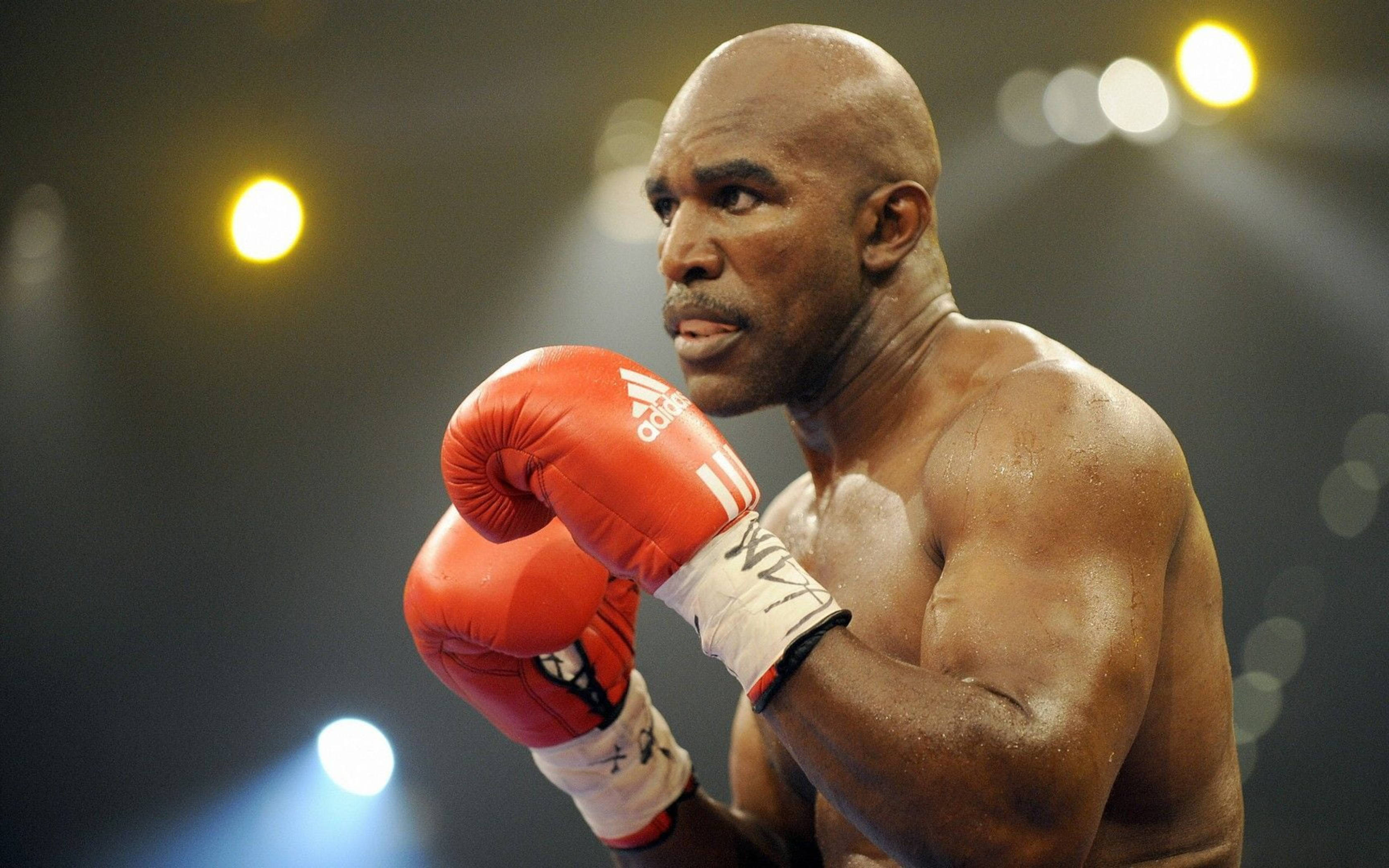 Evander Holyfield, red gloves, dimly lit ring, 2K Desktop Wallpaper