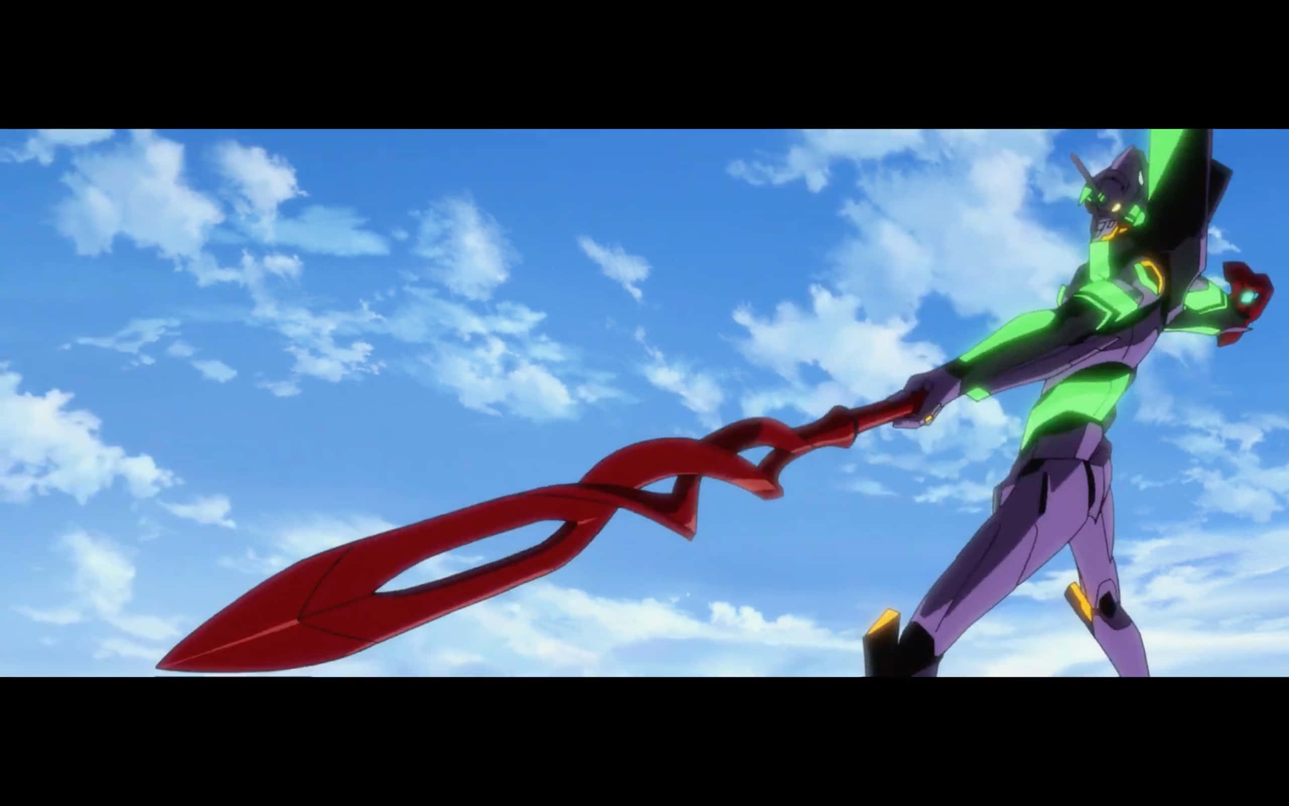 Evangelion 30 10, purple and green anime mecha warrior, long red sword, 2K Desktop Wallpaper
