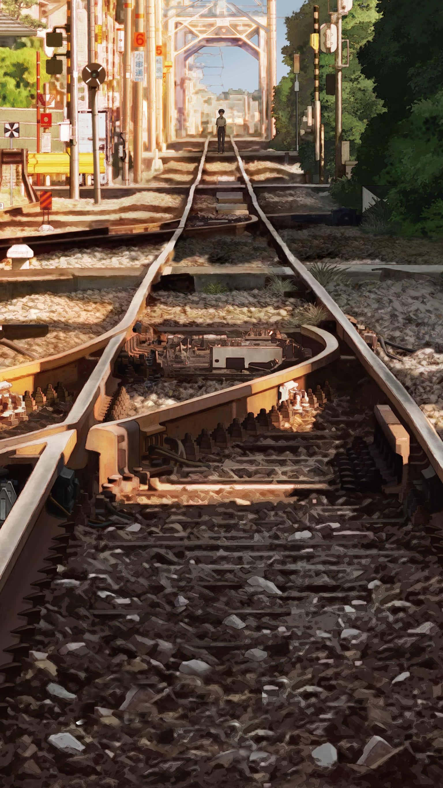 Evangelion 30 10, sunlit train tracks, station archway, 2K Phone Wallpaper