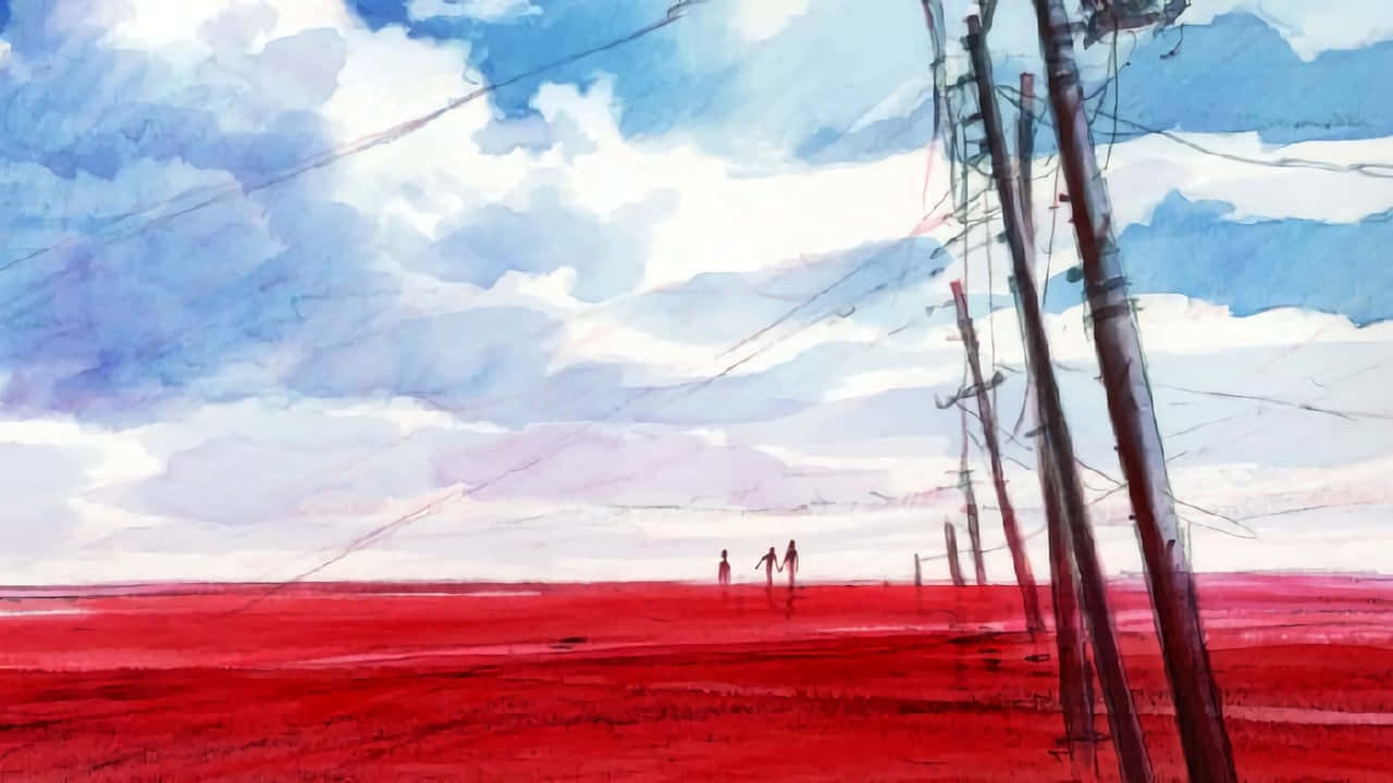 Evangelion 30 10, red field, blue and white cloudy sky, HD Desktop Wallpaper
