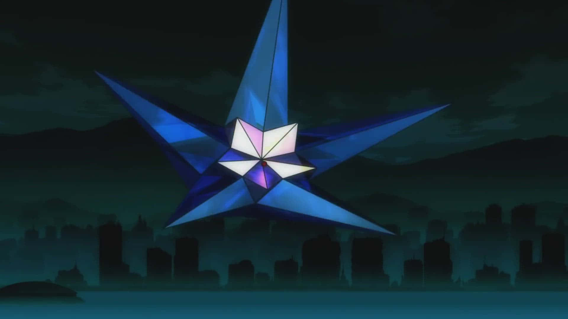 Evangelion 30 10, glowing blue geometric star, dark city skyline, Full HD Desktop Wallpaper