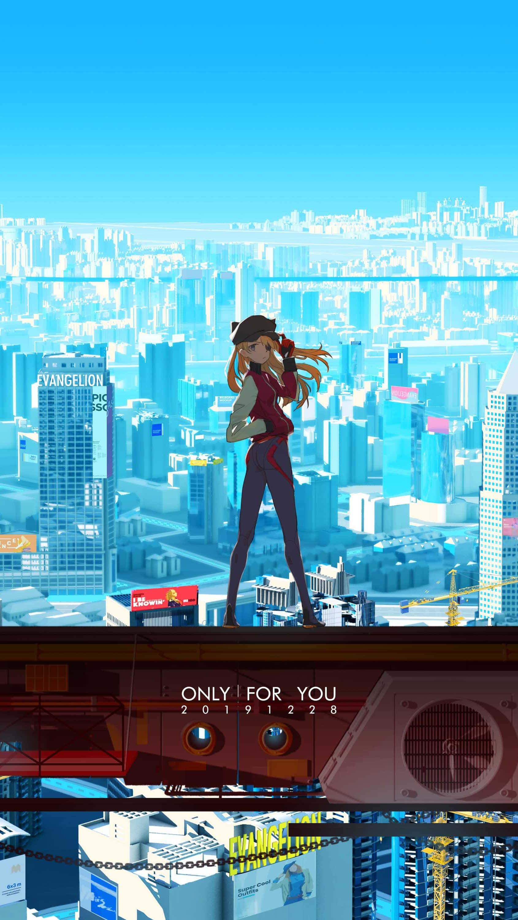 Evangelion 30 10, orange hair, rooftop, 2K Phone Wallpaper