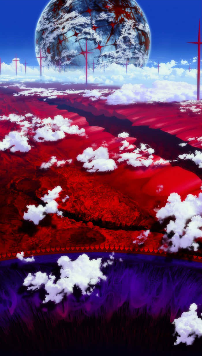 Evangelion 30 10, red alien landscape, white clouds, SD Phone Wallpaper