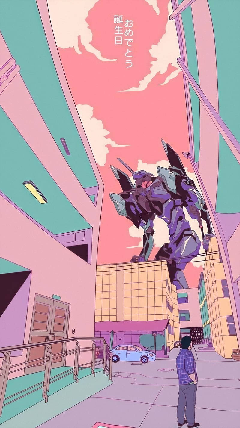Evangelion Phone, giant purple robot, pastel-colored city street, HD Phone Wallpaper