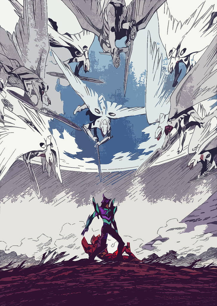 Evangelion Phone, purple ground, white biomechanical angels, SD Phone Wallpaper