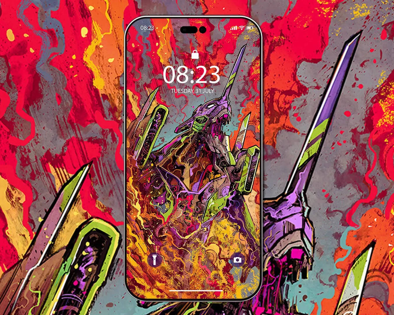 Evangelion Phone, anime-style mecha battle scene, fiery abstract background, HD Desktop Wallpaper