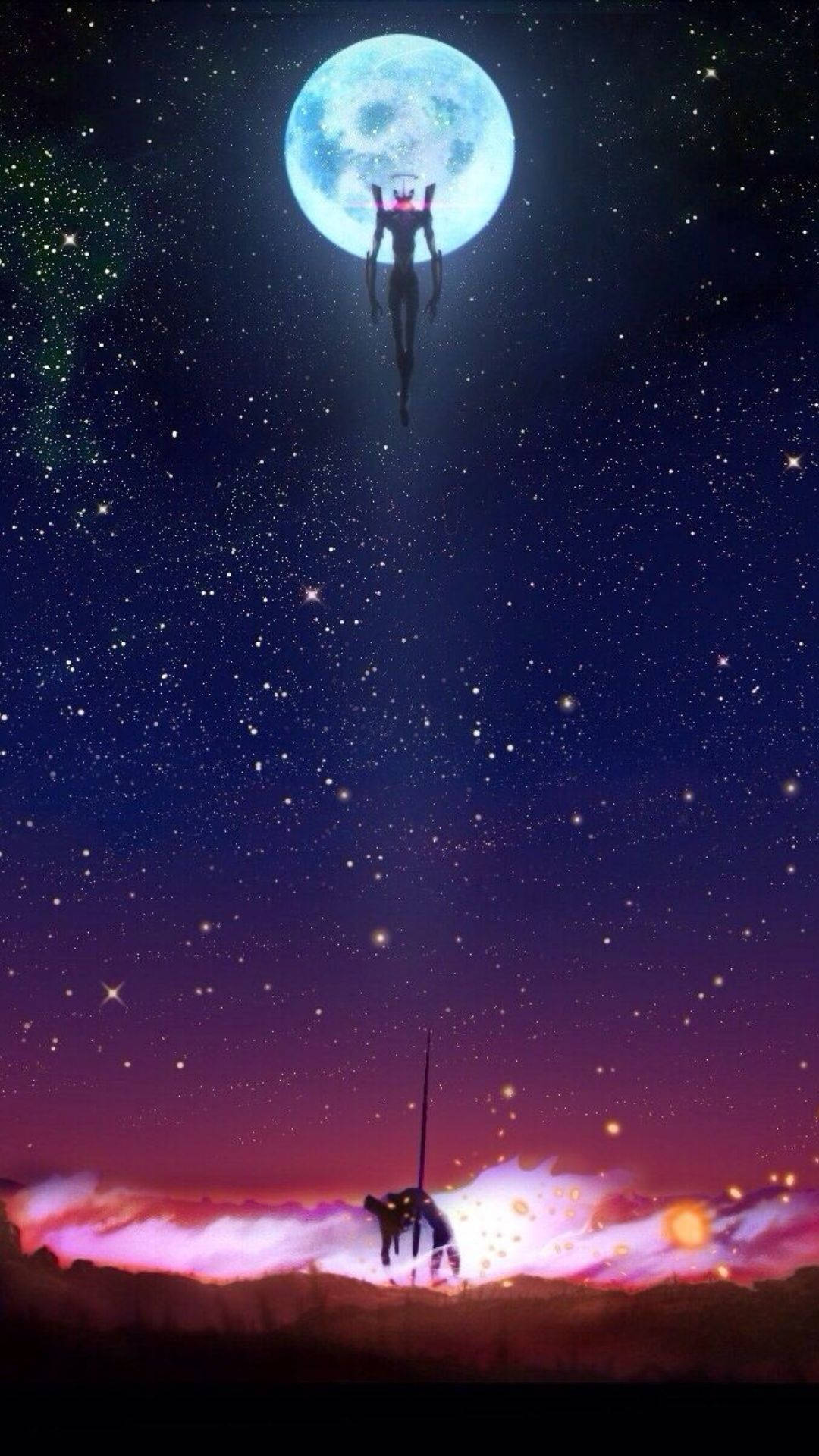 Evangelion, humanoid figure, glowing blue moon, Full HD Phone Wallpaper