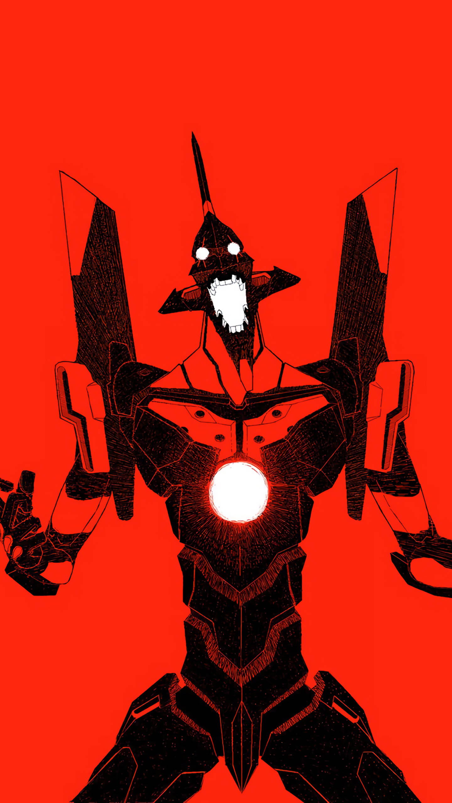 Evangelion, black mecha, glowing white eyes, 2K Phone Wallpaper