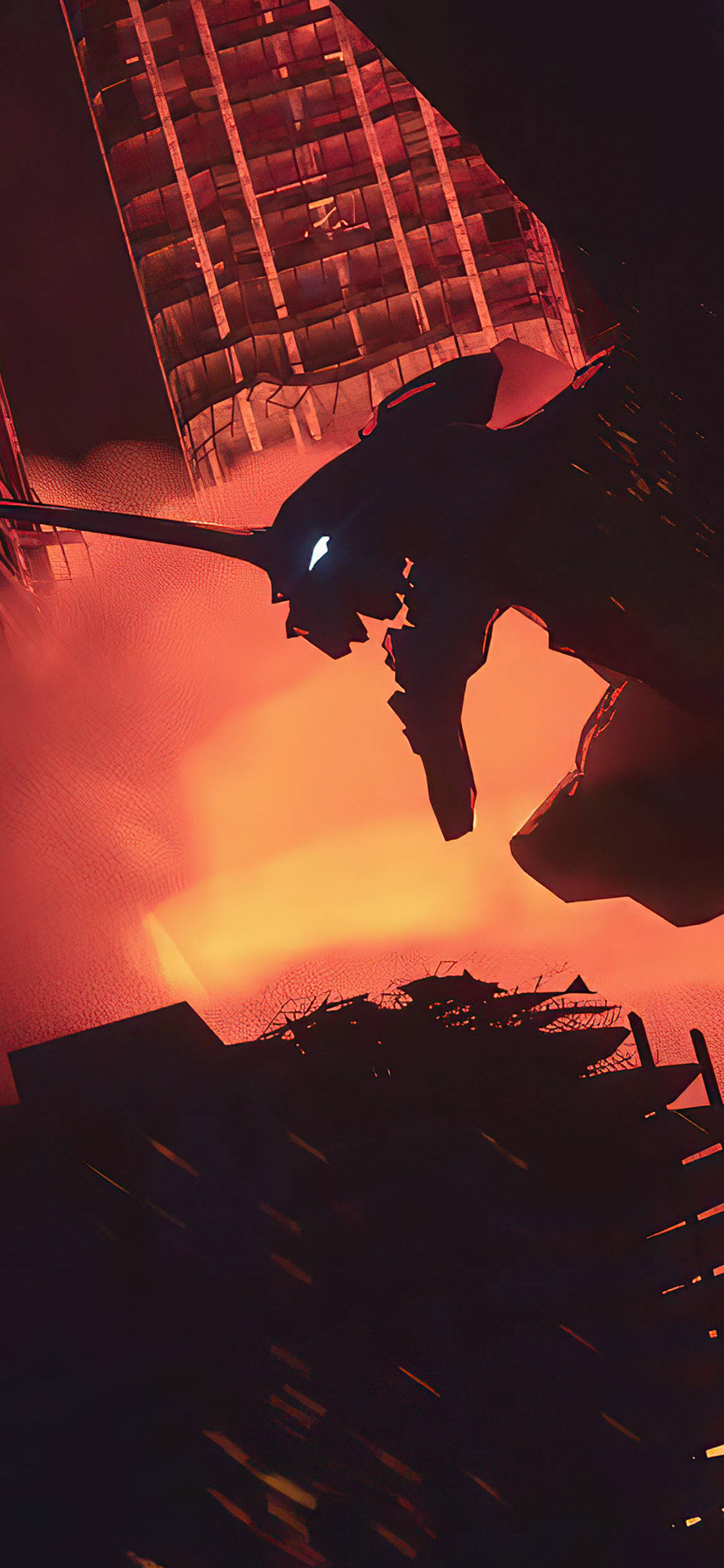 Evangelion Phone, giant robot silhouette, ruined cityscape, Full HD Phone Wallpaper