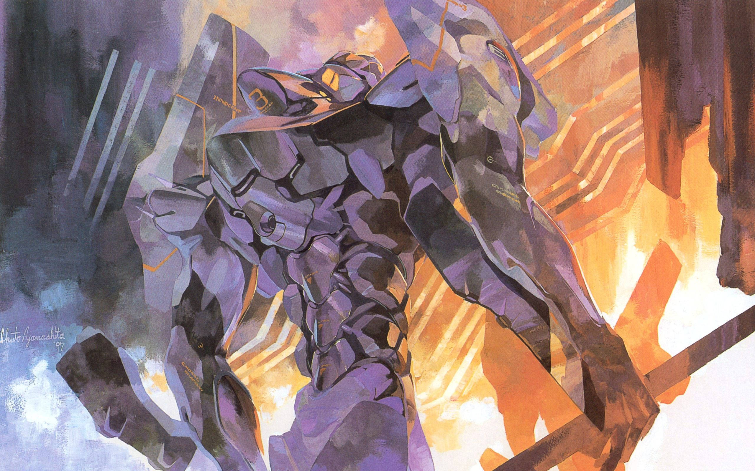 Evangelion, neon city, purple biomechanical giant, 2K Desktop Wallpaper