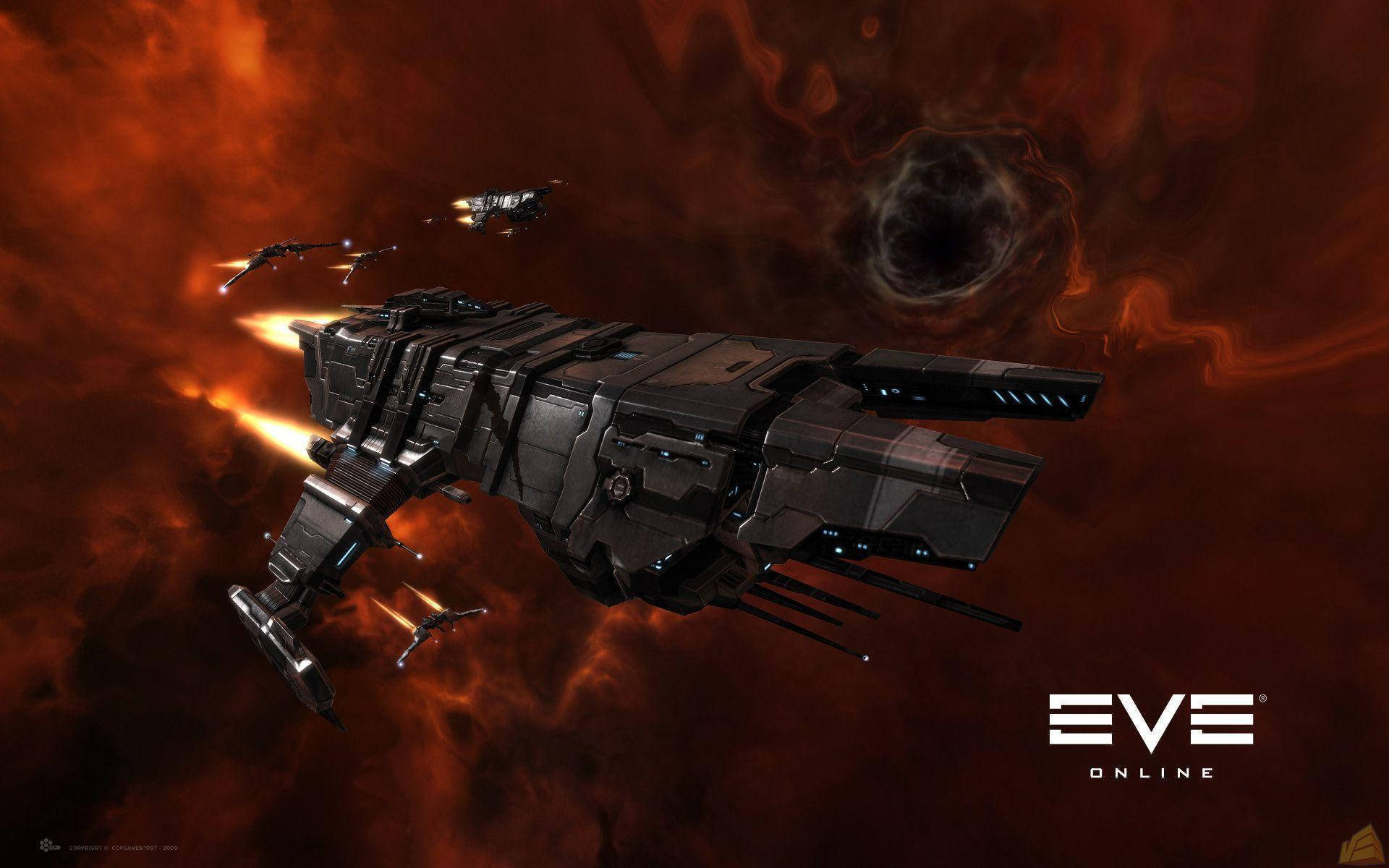 EVE Online, black spaceship, glowing engines, Full HD Desktop Wallpaper