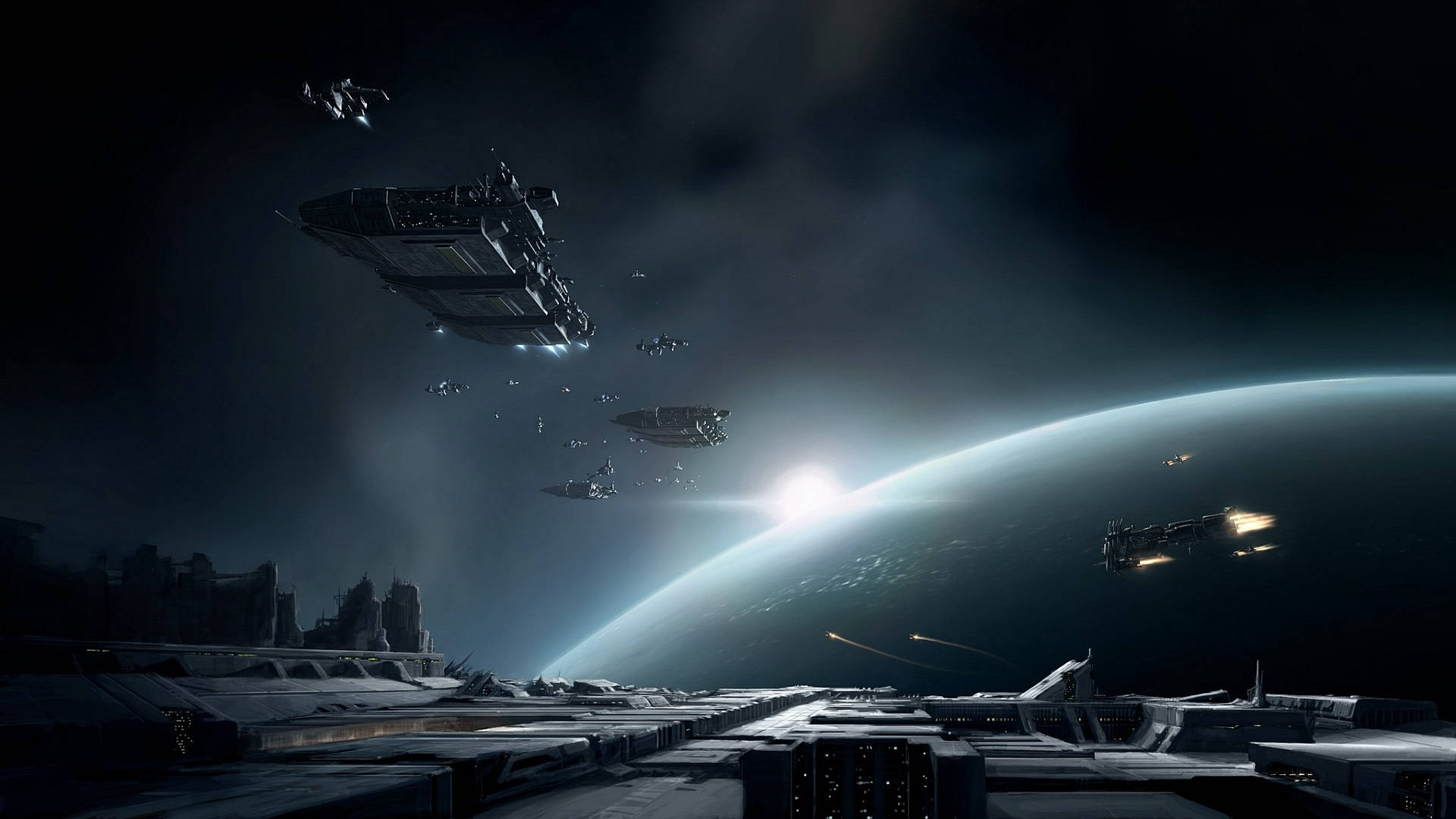 EVE Online, futuristic spaceships, glowing planet, Full HD Desktop Wallpaper