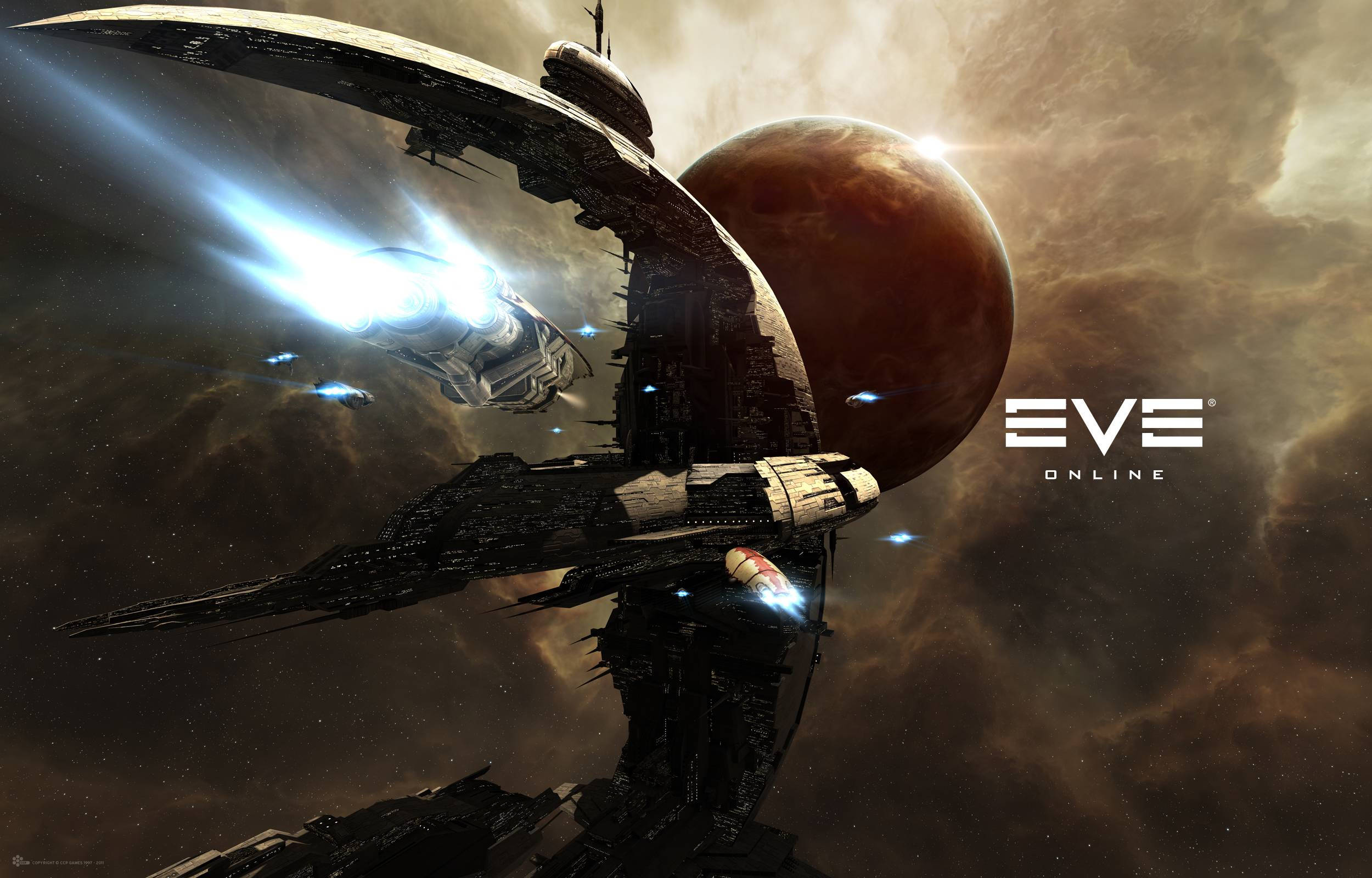 EVE Online, massive futuristic spaceship, glowing engines, Full HD Desktop Wallpaper