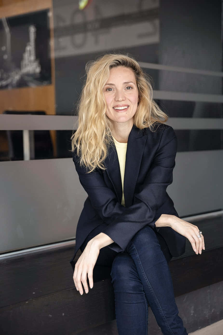 Evelyne Brochu, blonde woman, navy blazer, HD Phone Wallpaper