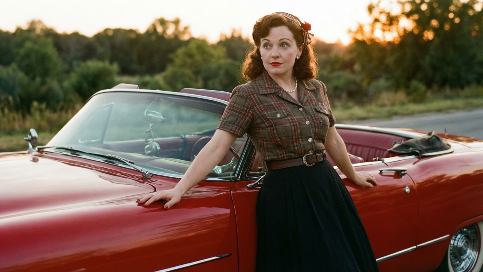 Evelyne Brochu, vintage car, sunset, Full HD Desktop Wallpaper
