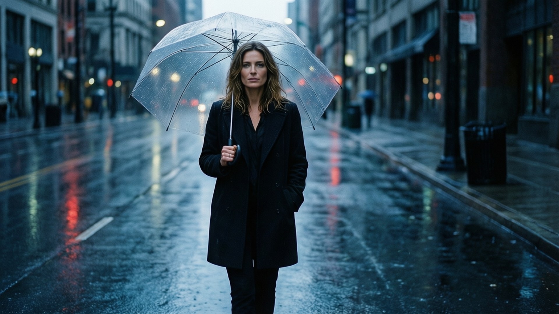 Evelyne Brochu, rainy city scene, umbrella, Full HD Desktop Wallpaper
