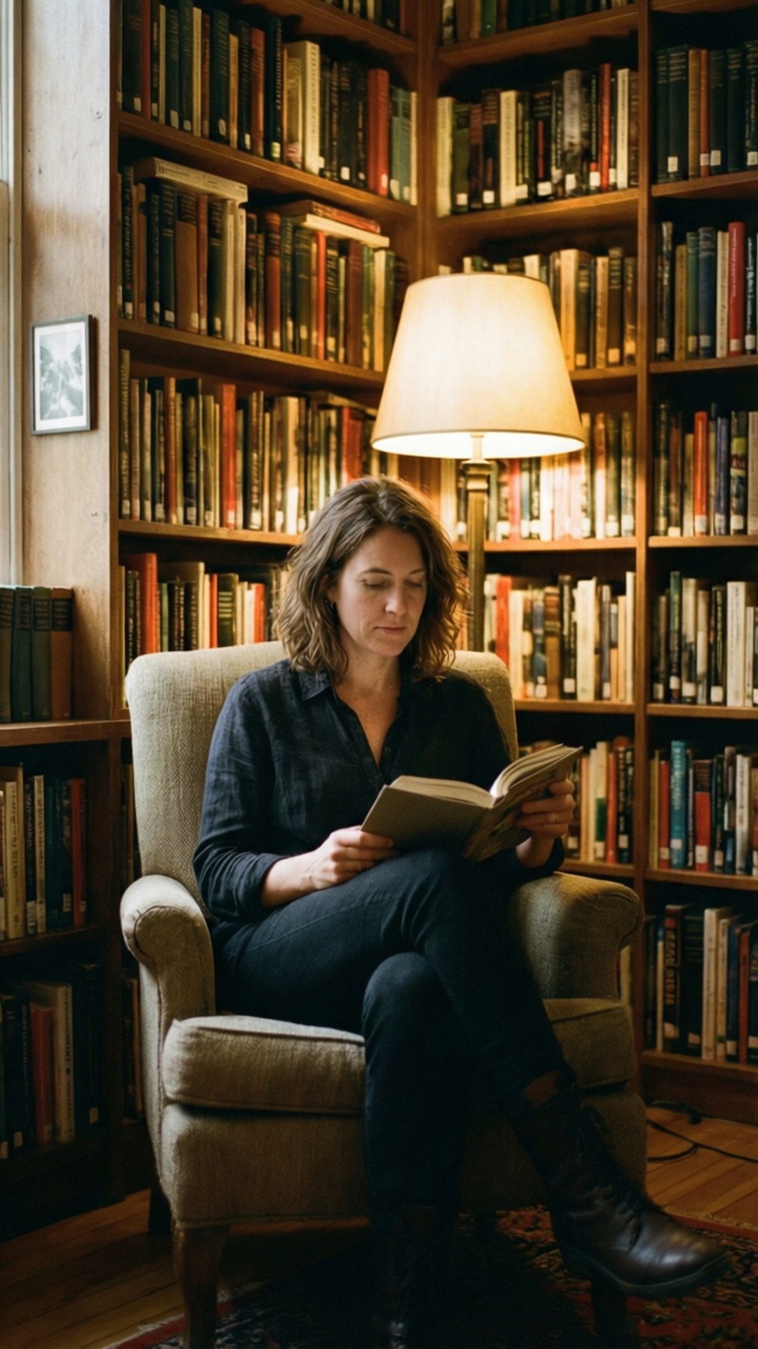 Evelyne Brochu, cozy library moment, warm library, Full HD Phone Wallpaper