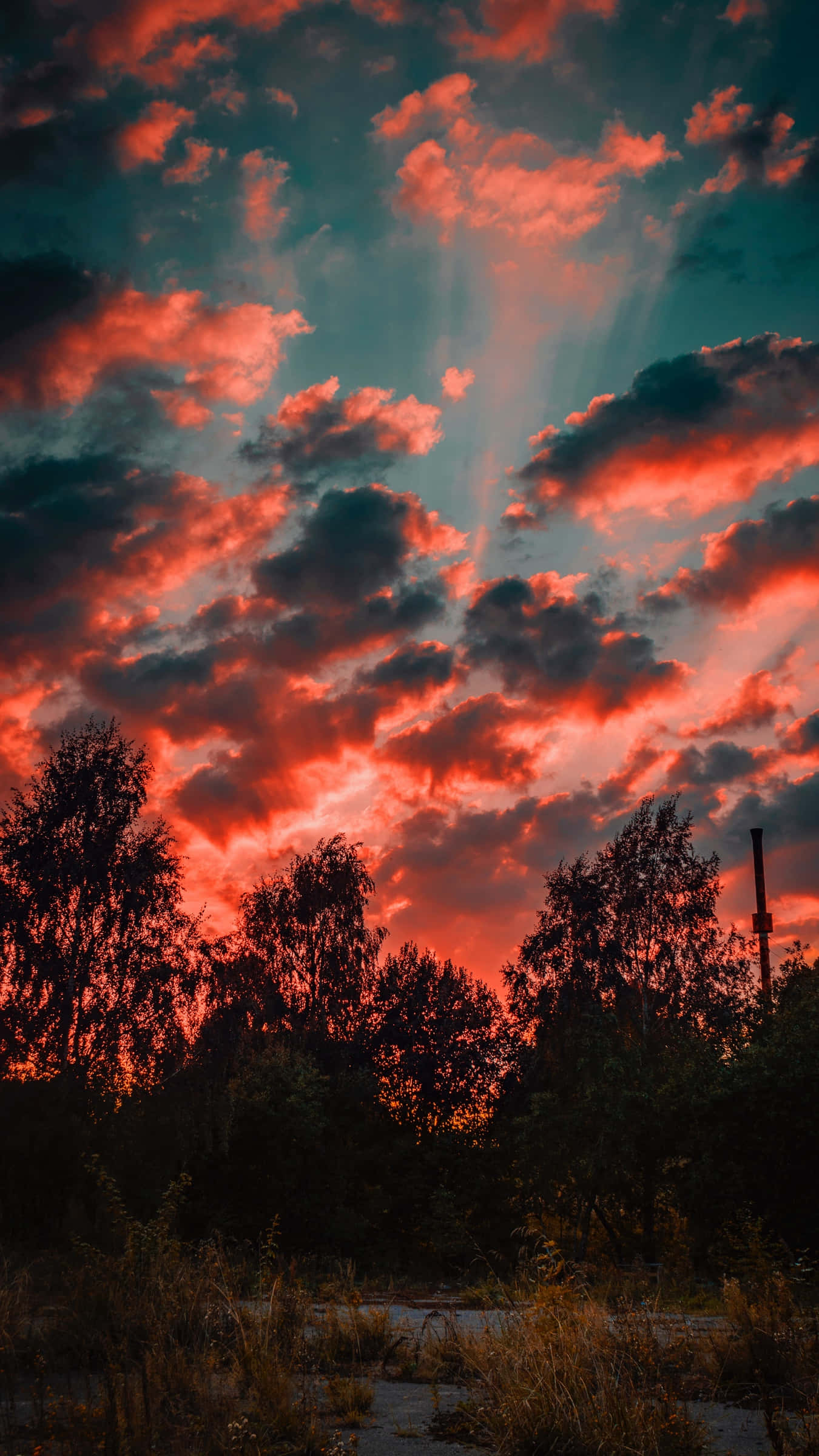 Red Evening Sky, fiery red clouds, sunbeams, Full HD Phone Wallpaper