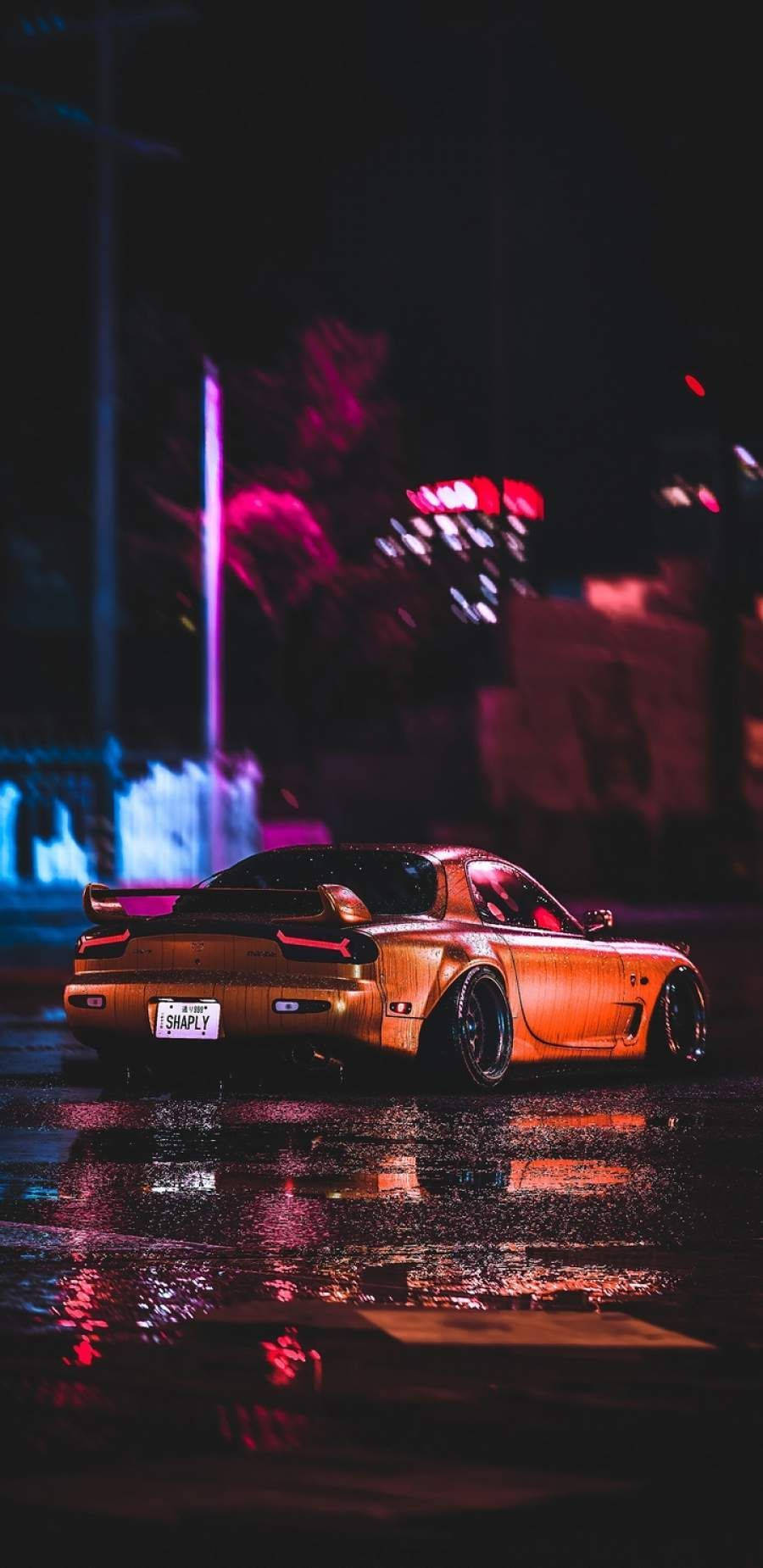 gold sports car, wet city street, neon lights, HD Phone Wallpaper