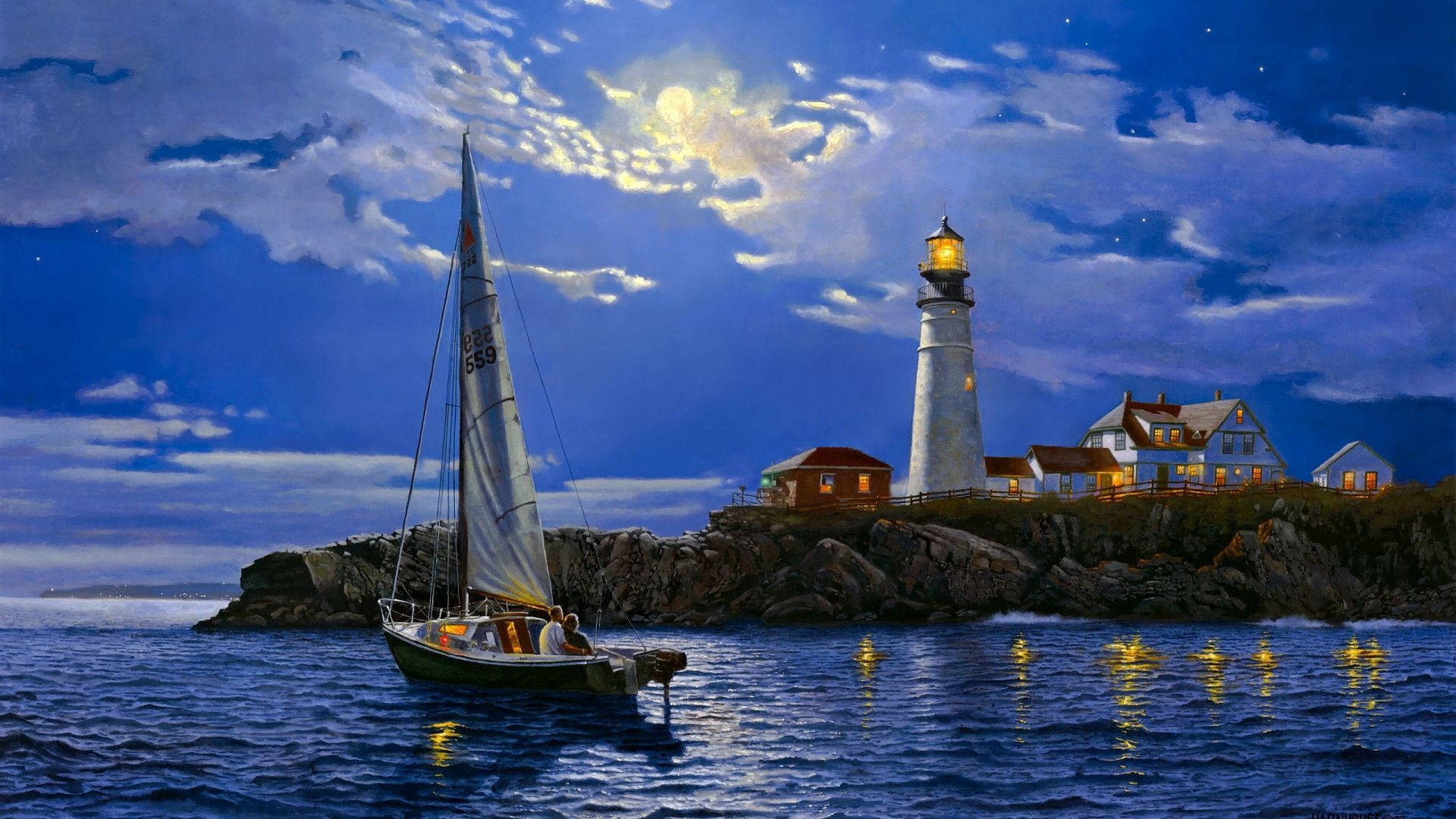 lighthouse, sailboat, luminous moon, Full HD Desktop Wallpaper