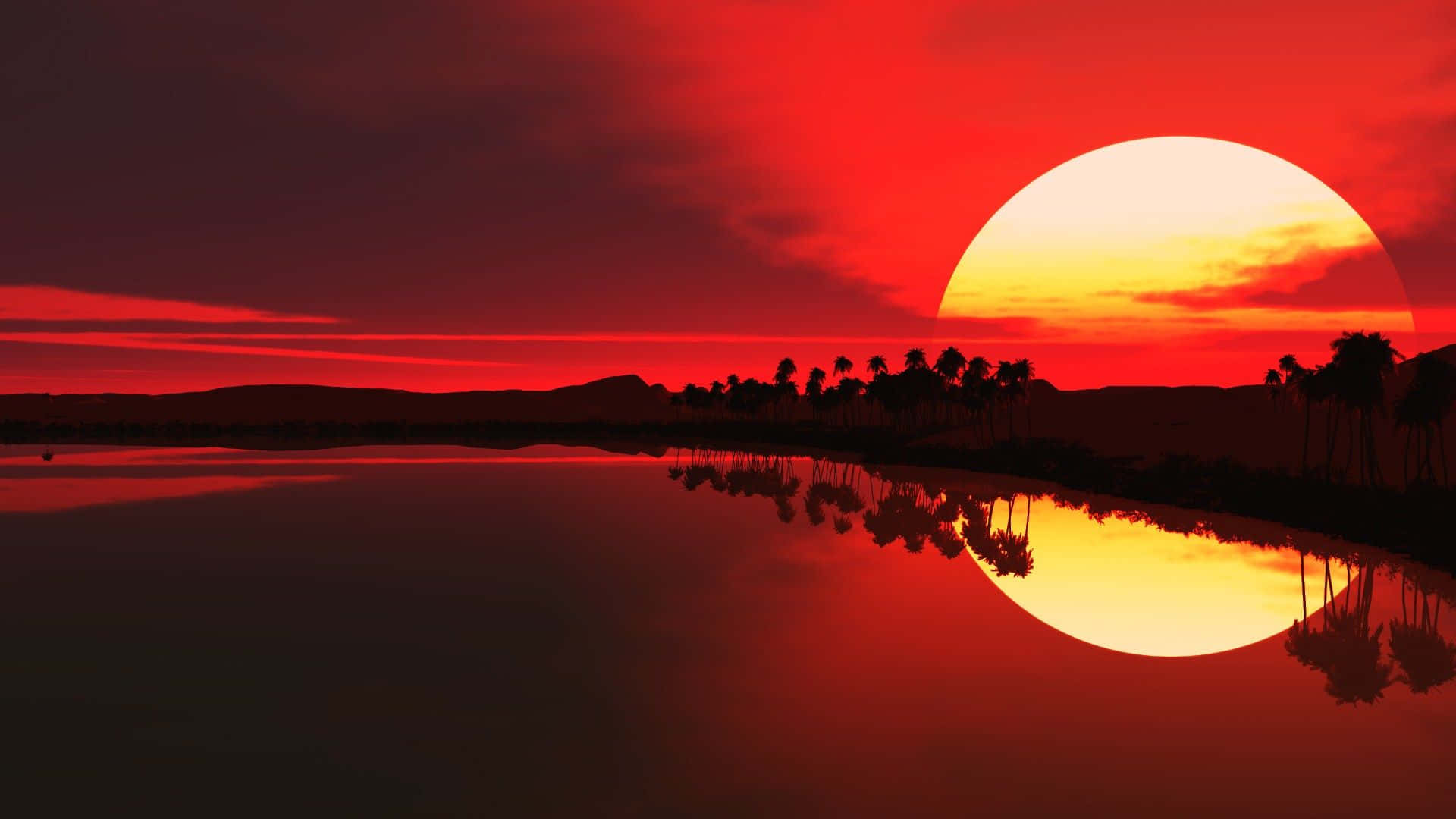 red evening sky, fiery red sunset, calm lake, Full HD Desktop Wallpaper