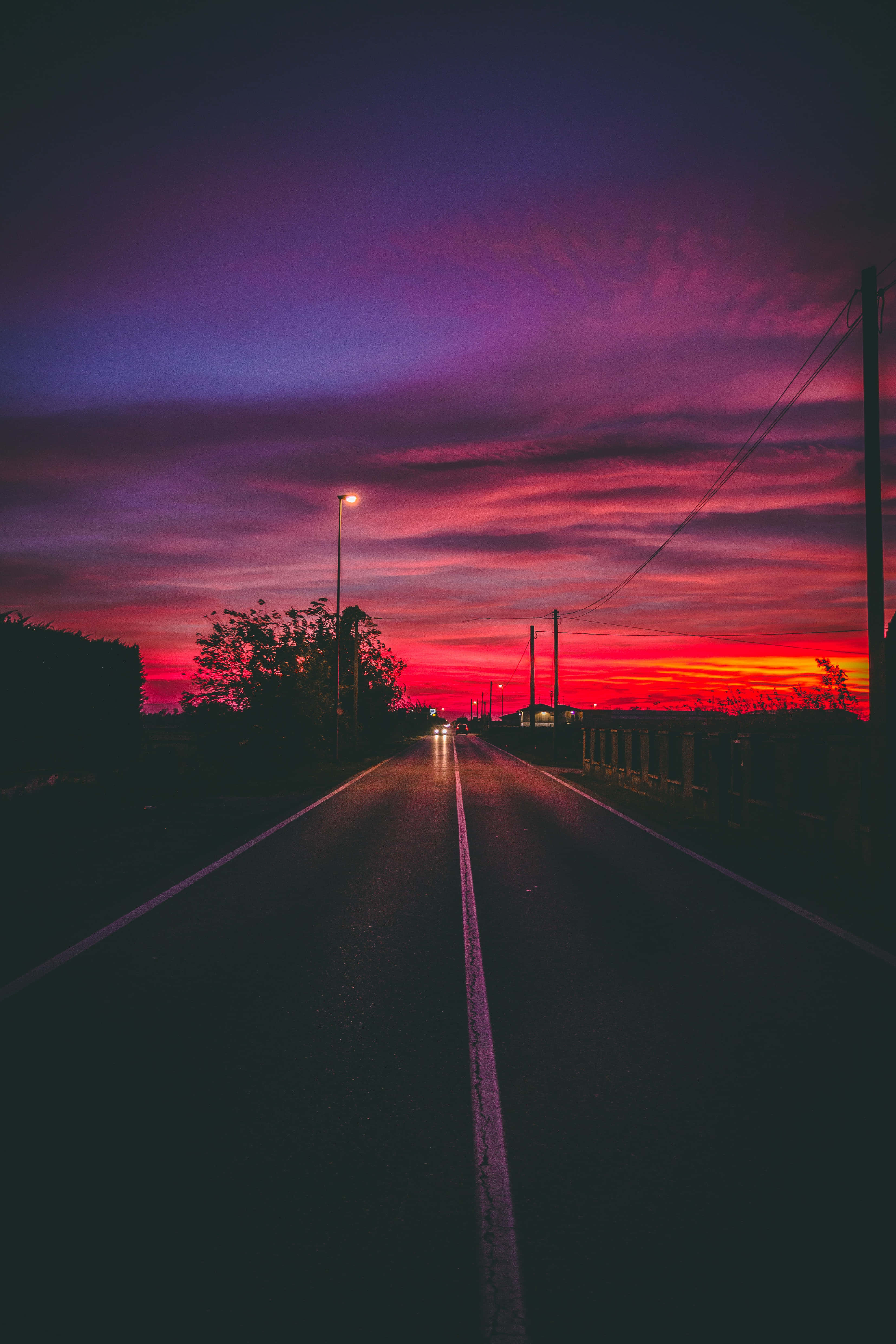 red and purple evening sky, dramatic purple and red sunset sky, dark road, 4K Phone Wallpaper