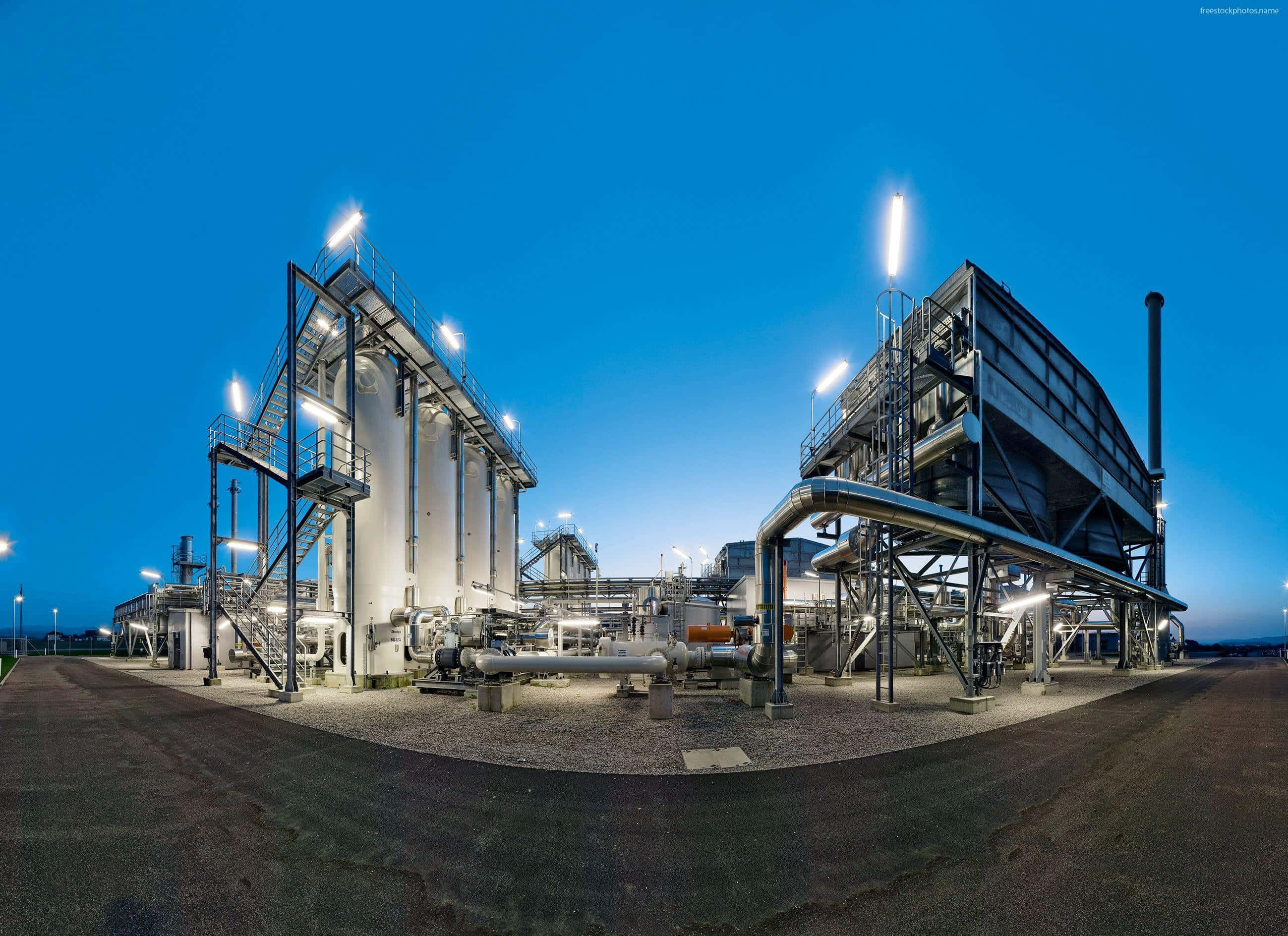 industrial plant, twilight, illuminated towers, 2K Desktop Wallpaper