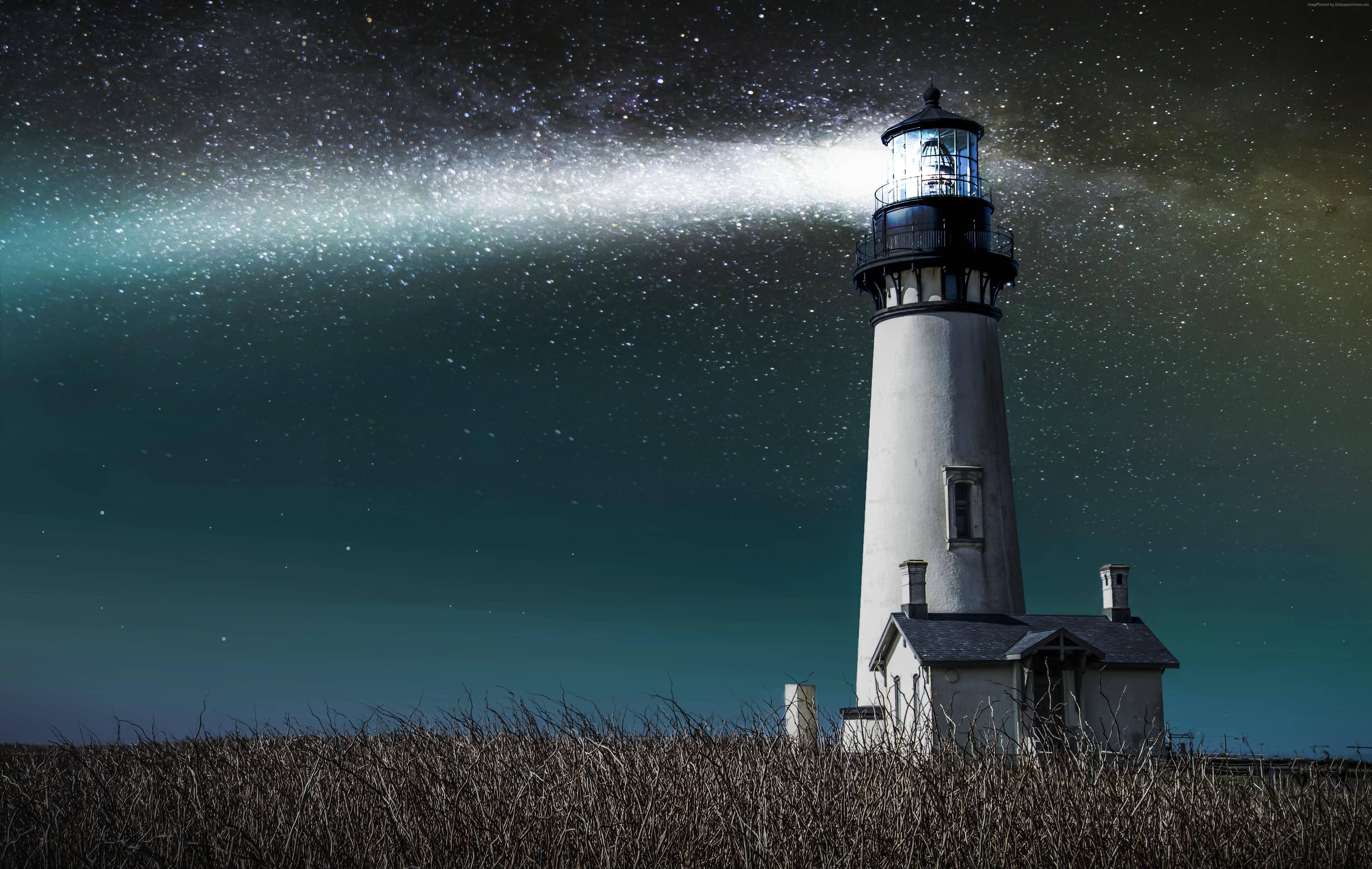 lighthouse, starry night sky, white lighthouse, 5K Desktop Wallpaper