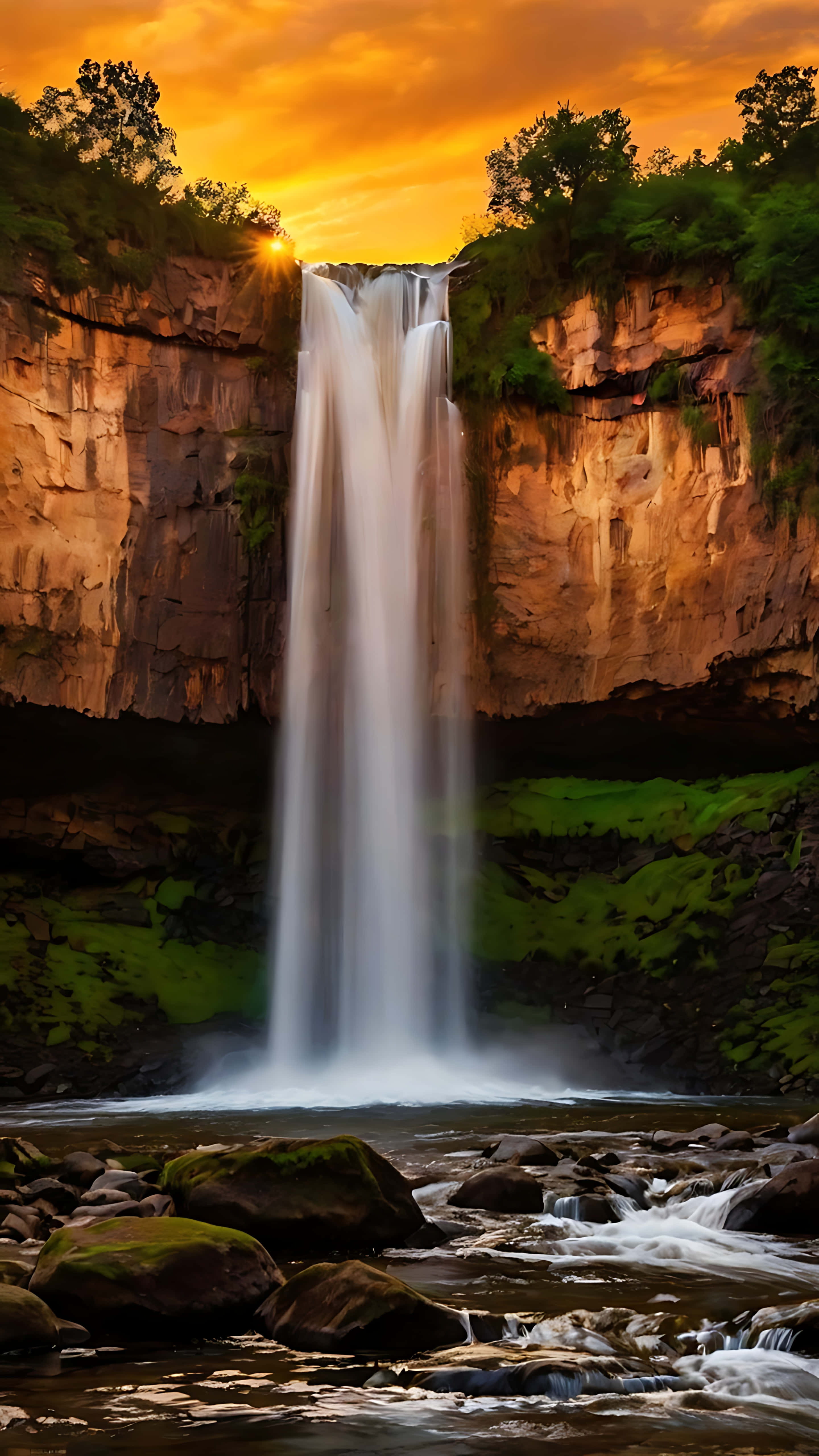 majestic waterfall, sunset skies, golden light, 5K Phone Wallpaper