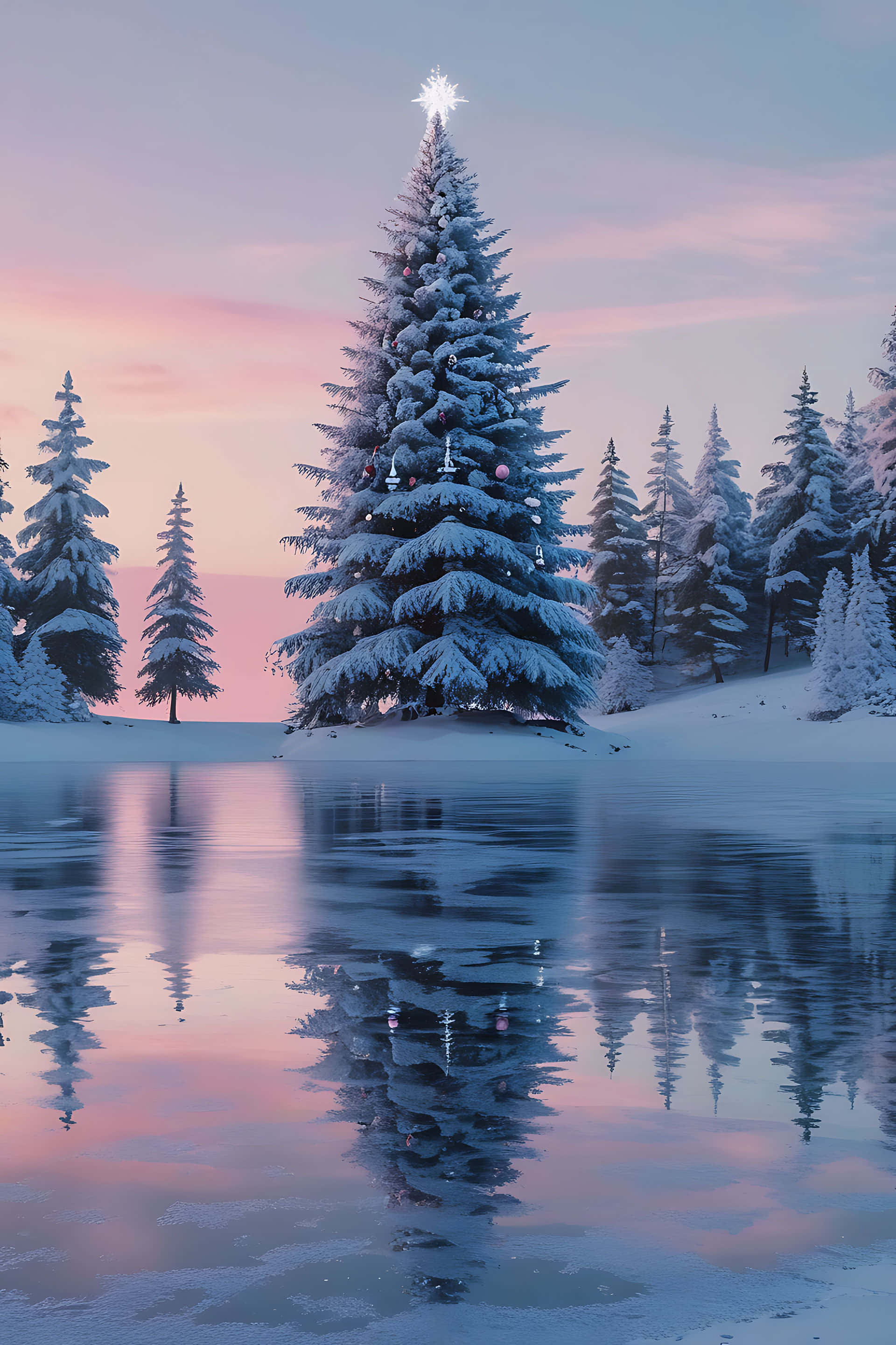 snow-covered Christmas tree, frozen lake, pink and blue twilight skies, 2K Phone Wallpaper