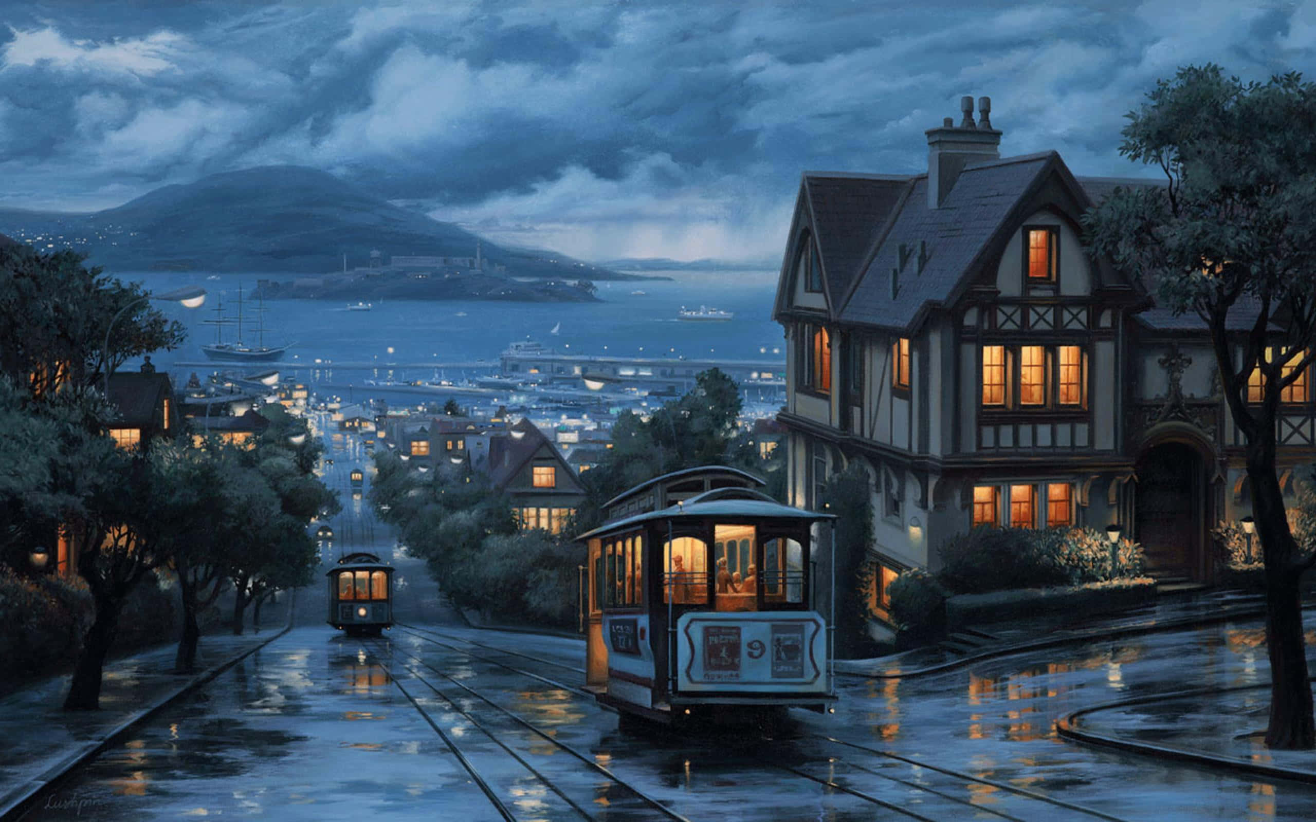cable cars, dusk, rain-slicked city street, 2K Desktop Wallpaper