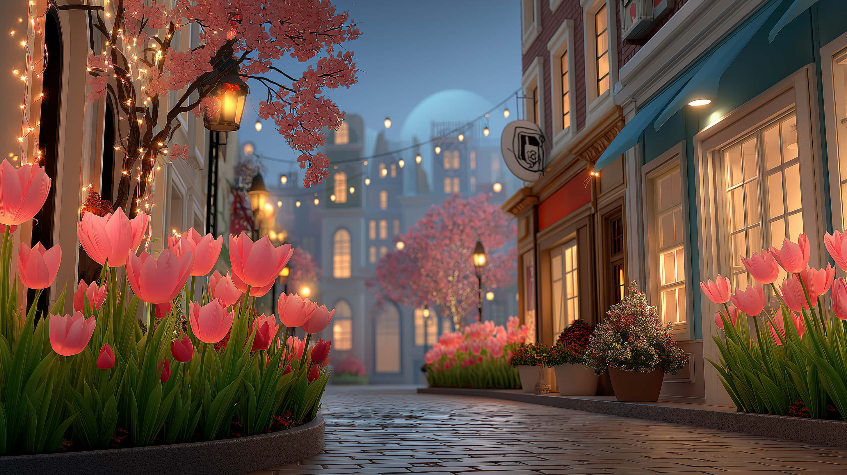 twilight, glowing pink tulips, cherry blossoms, 2K Desktop Wallpaper