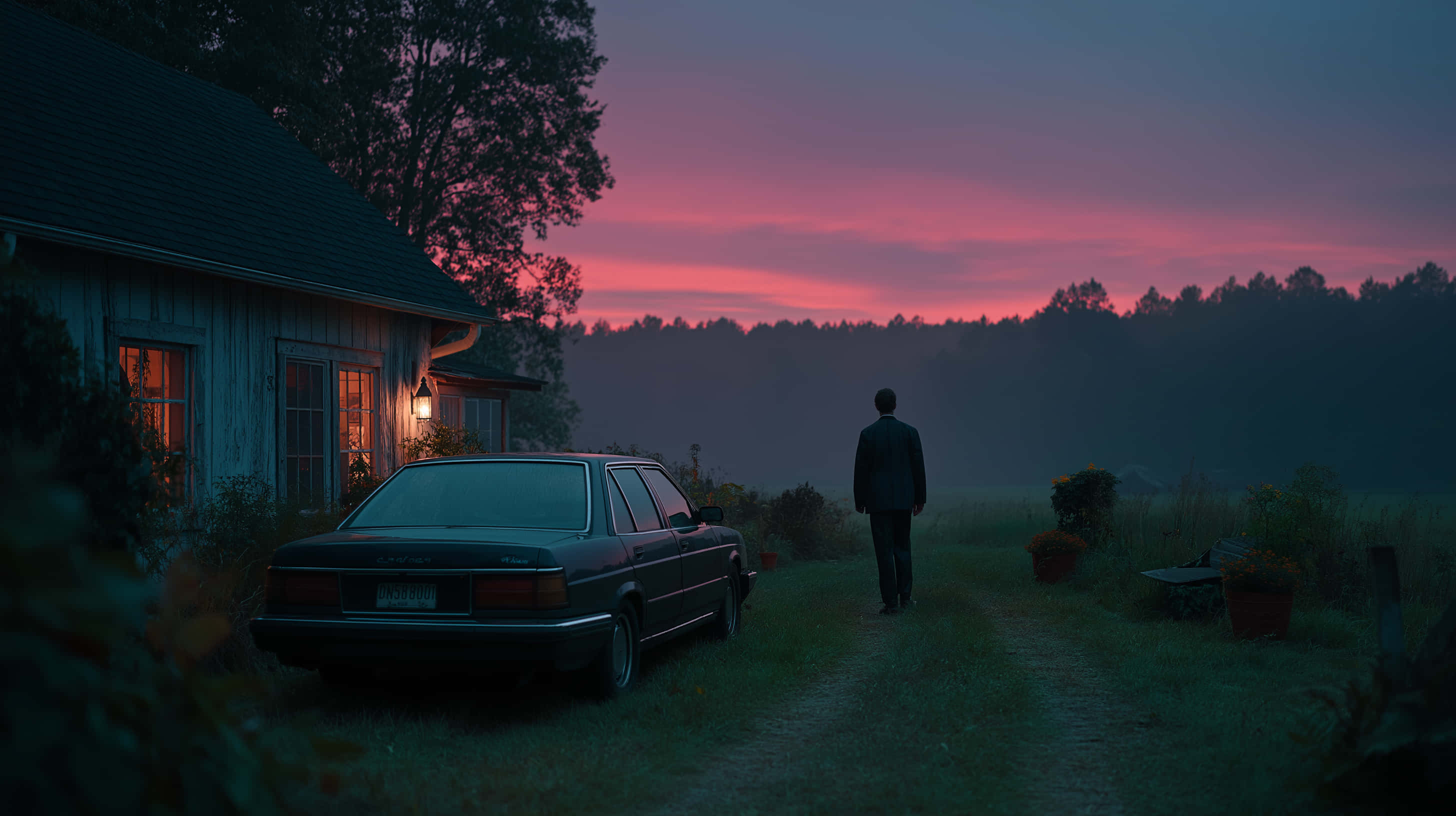 twilight journey, dark suit, misty dirt path, 2K Desktop Wallpaper