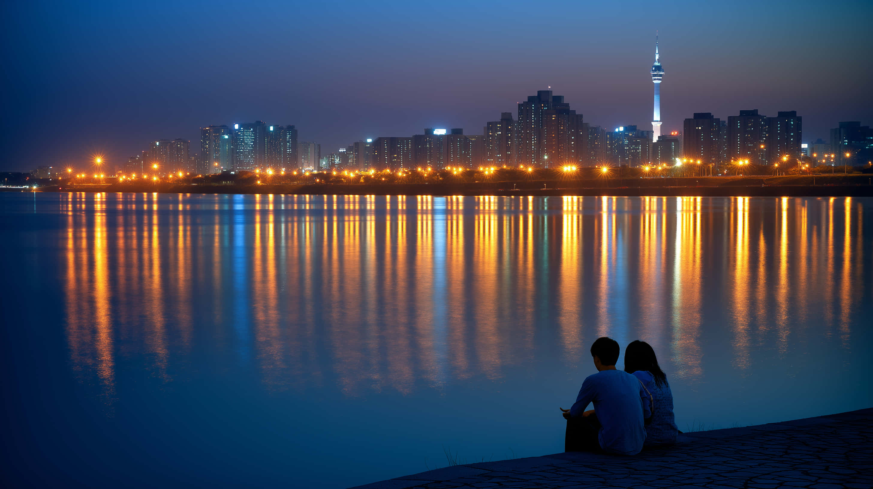 city lights, river, dusk, 2K Desktop Wallpaper