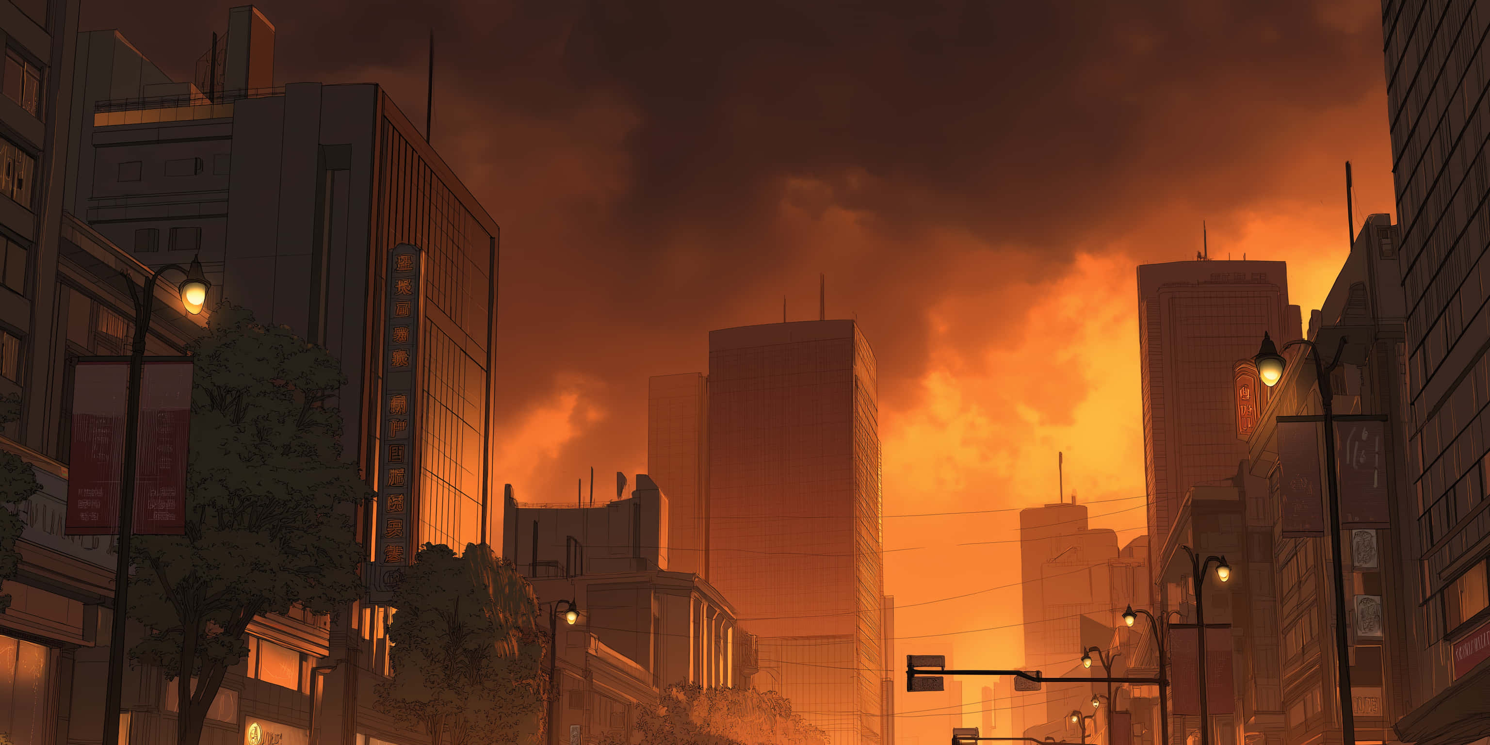 dusk cityscape, towering buildings, fiery orange and red sky, 2K Desktop Wallpaper