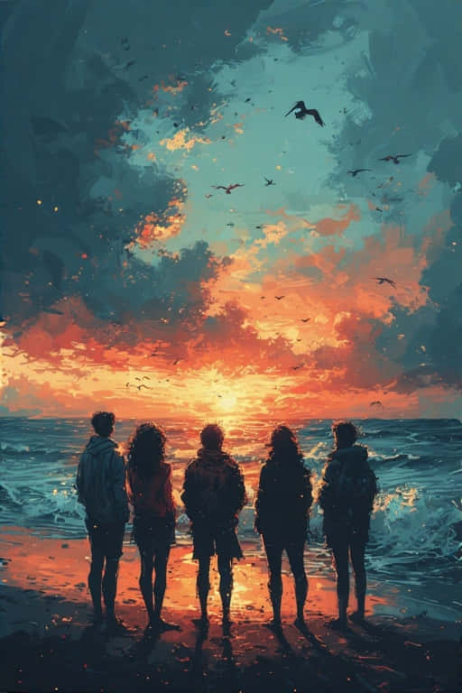 sunset, friends, beach, SD Phone Wallpaper