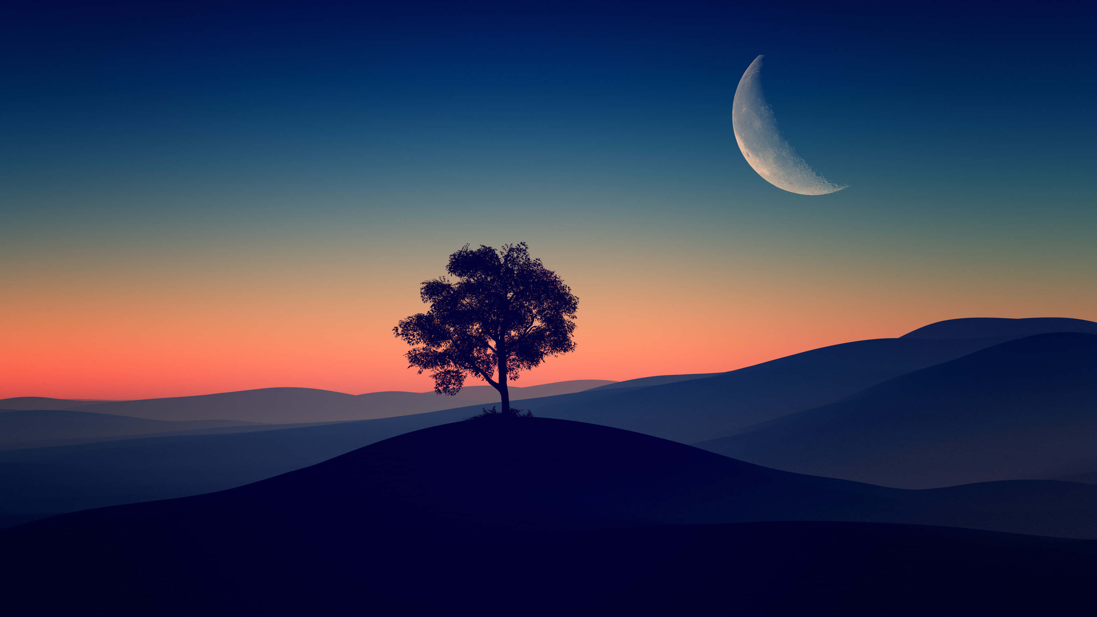 crescent moon, twilight, gradient sky, 4K Desktop Wallpaper