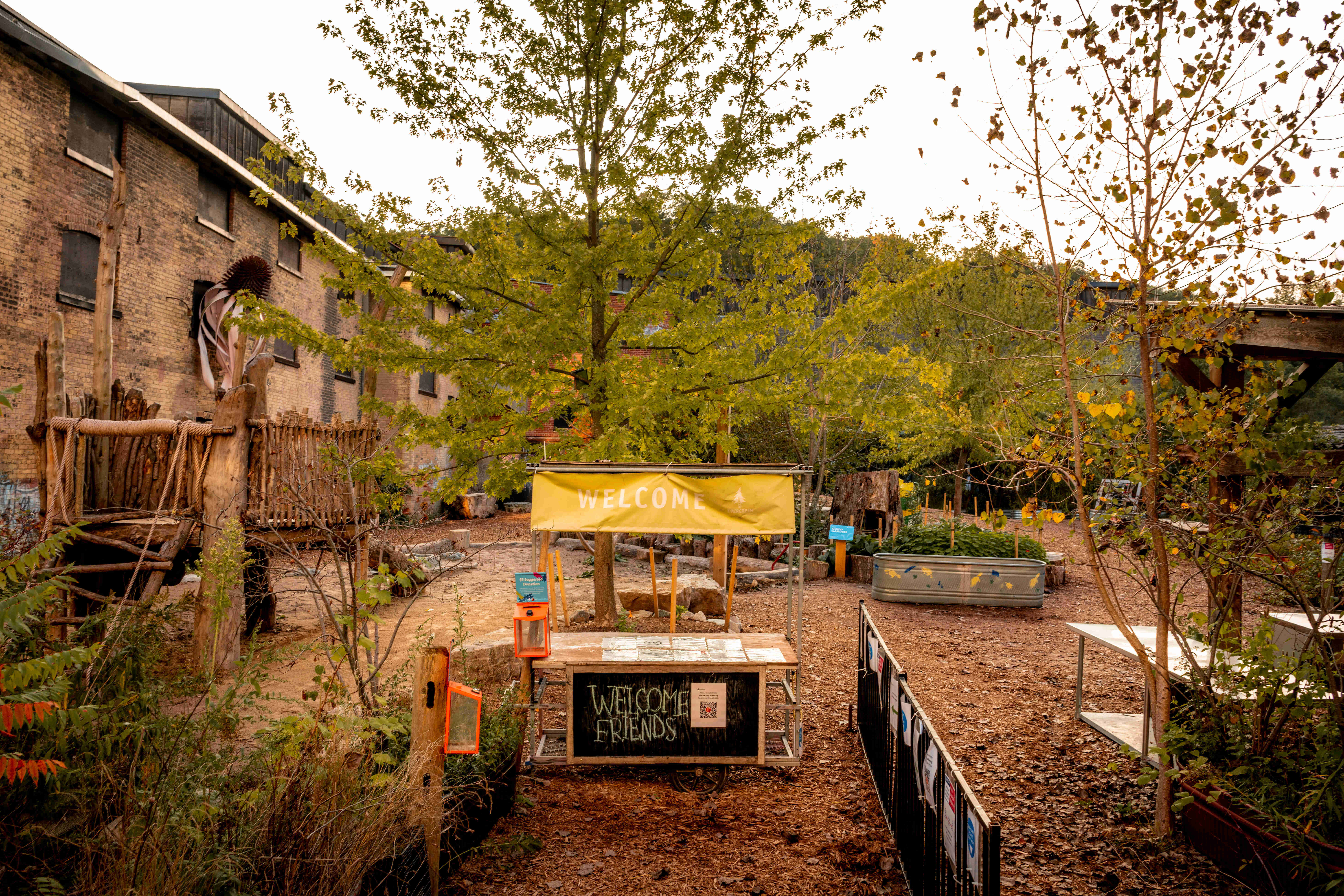 Evergreen Brick Works, welcome area, yellow welcome sign, 8K Desktop Wallpaper