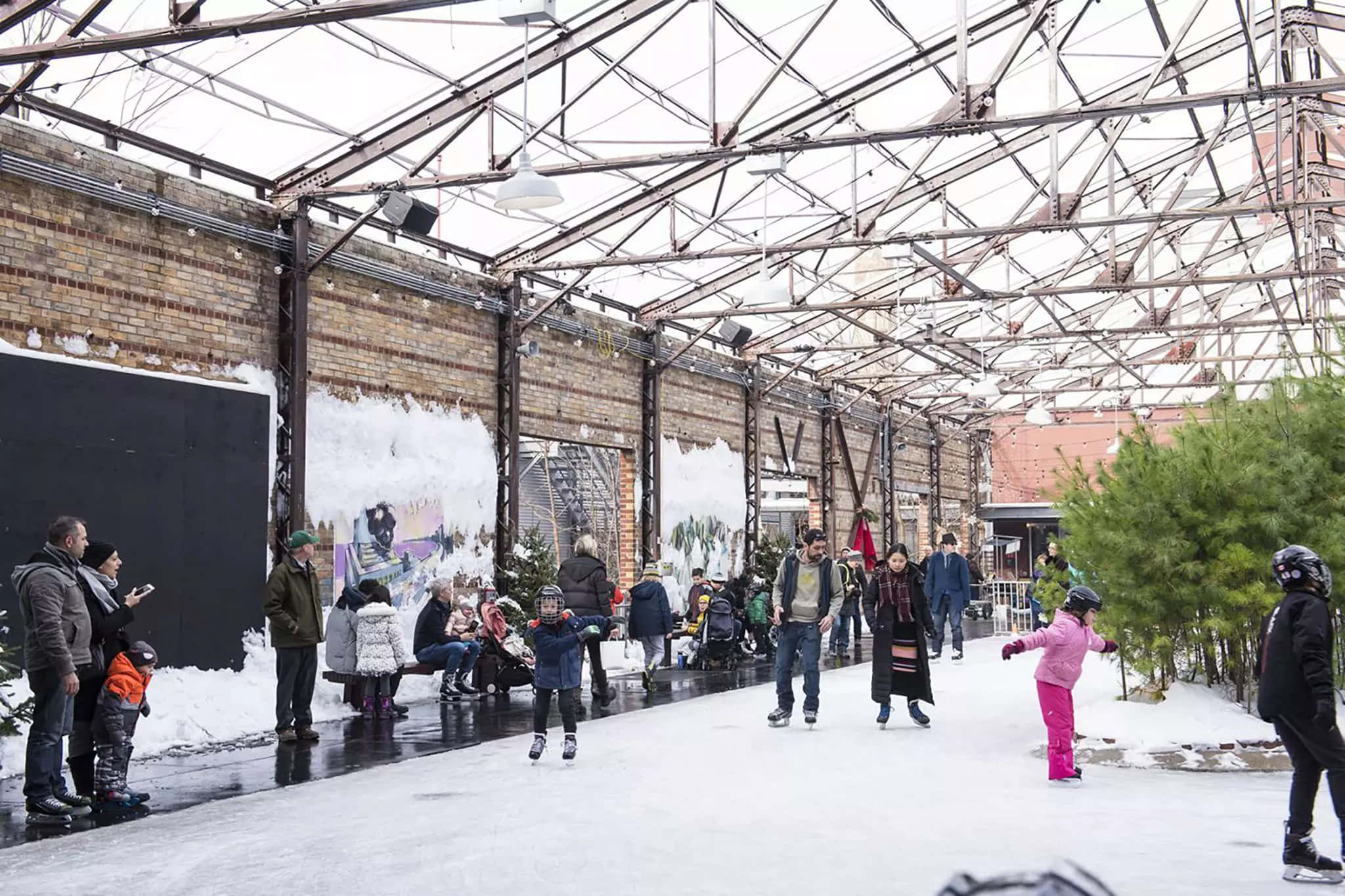 Evergreen Brick Works, indoor ice rink, glass roof, Full HD Desktop Wallpaper