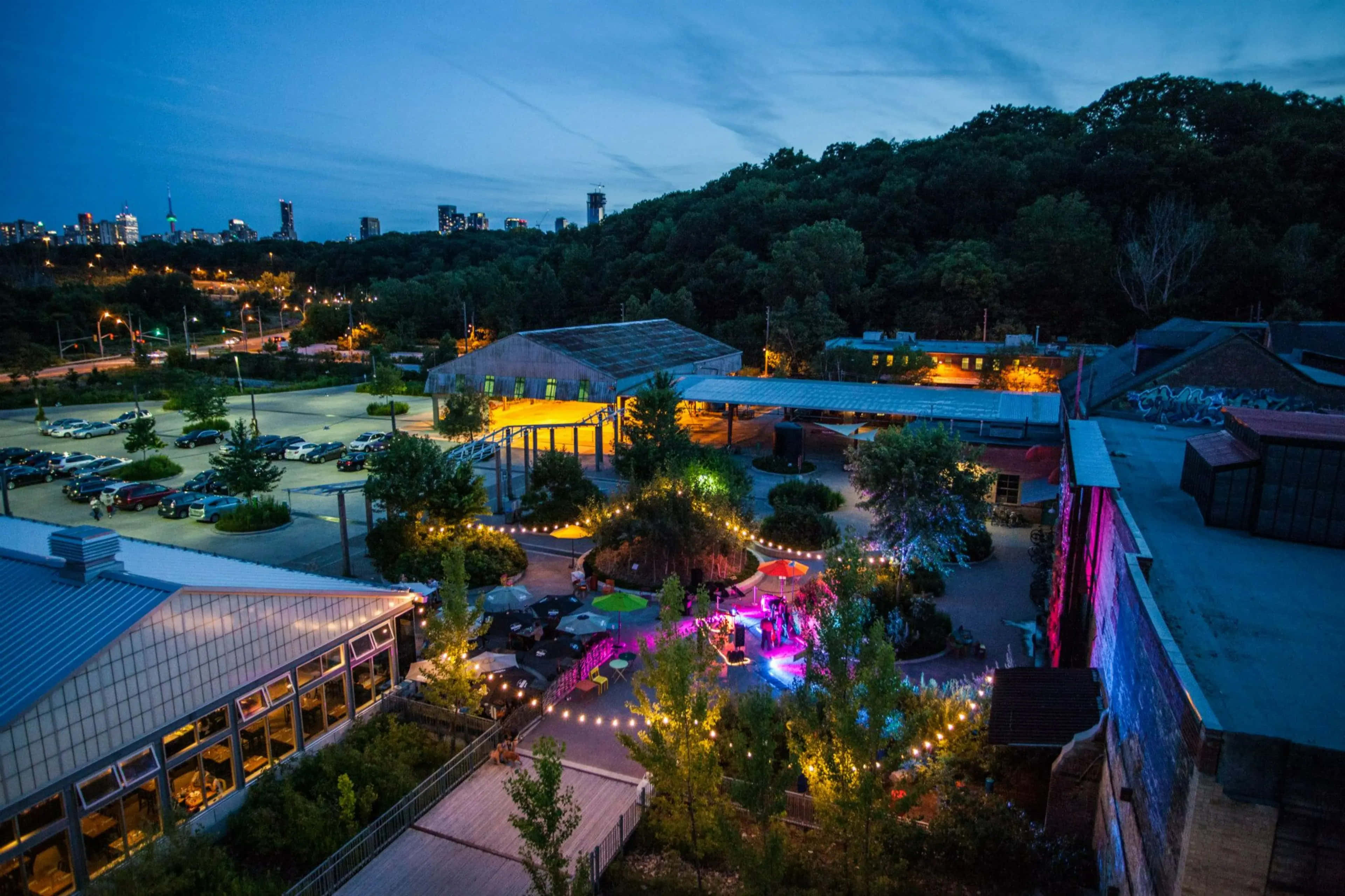 Evergreen Brick Works, twilight view, rooftop party, 4K Desktop Wallpaper