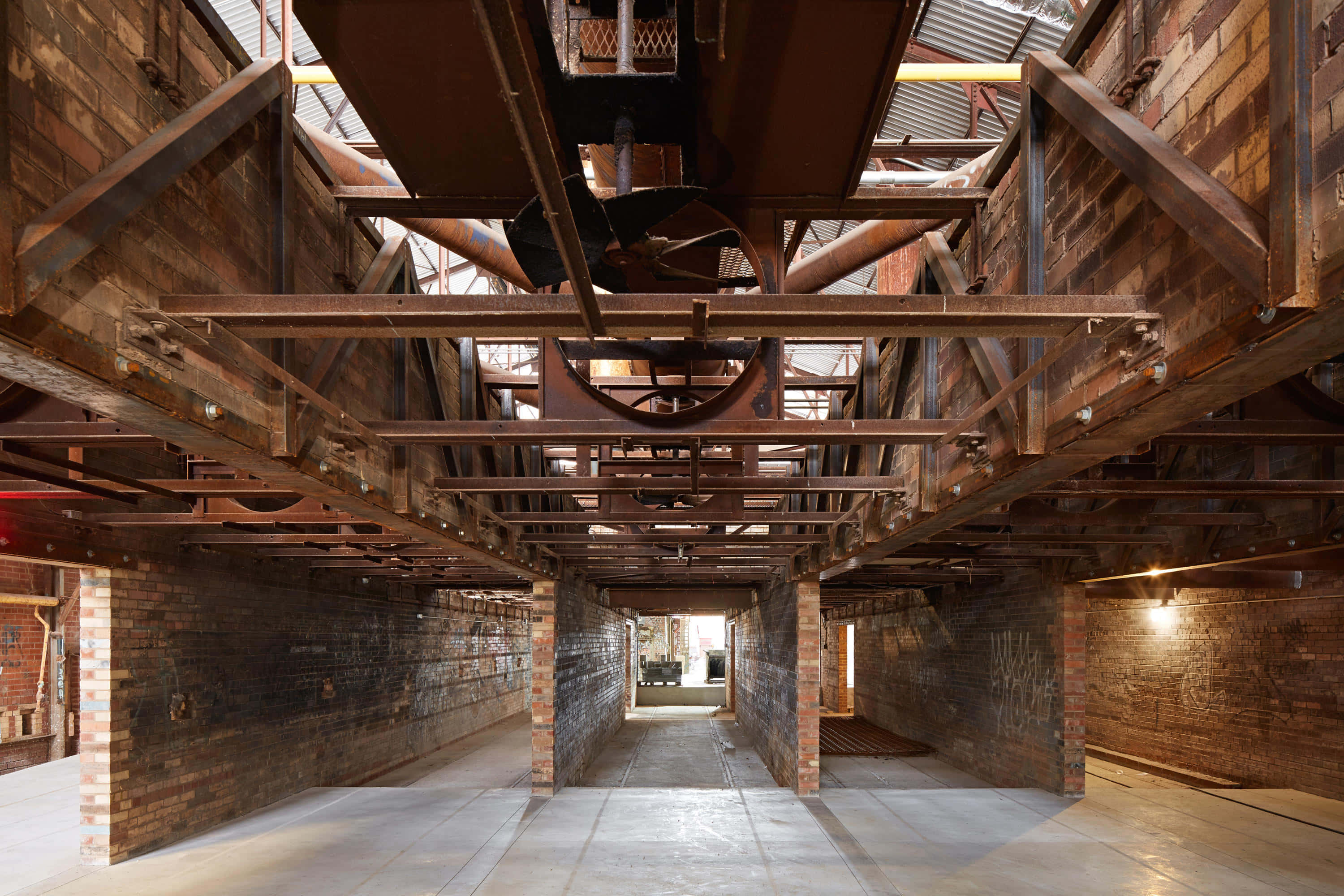 Evergreen Brick Works, industrial hallway, exposed brick walls, 2K Desktop Wallpaper