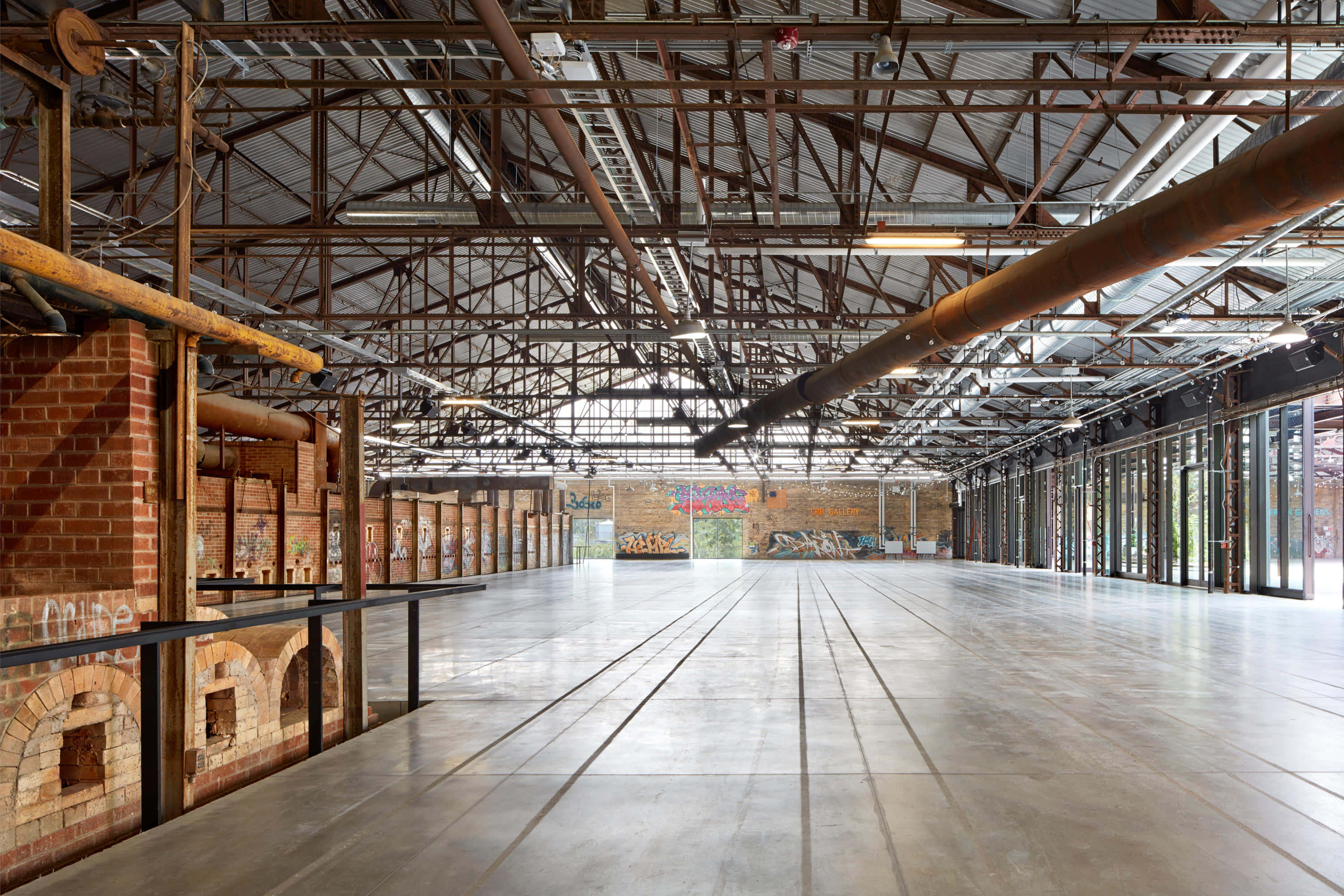 Evergreen Brick Works, industrial warehouse, exposed steel beams, 2K Desktop Wallpaper