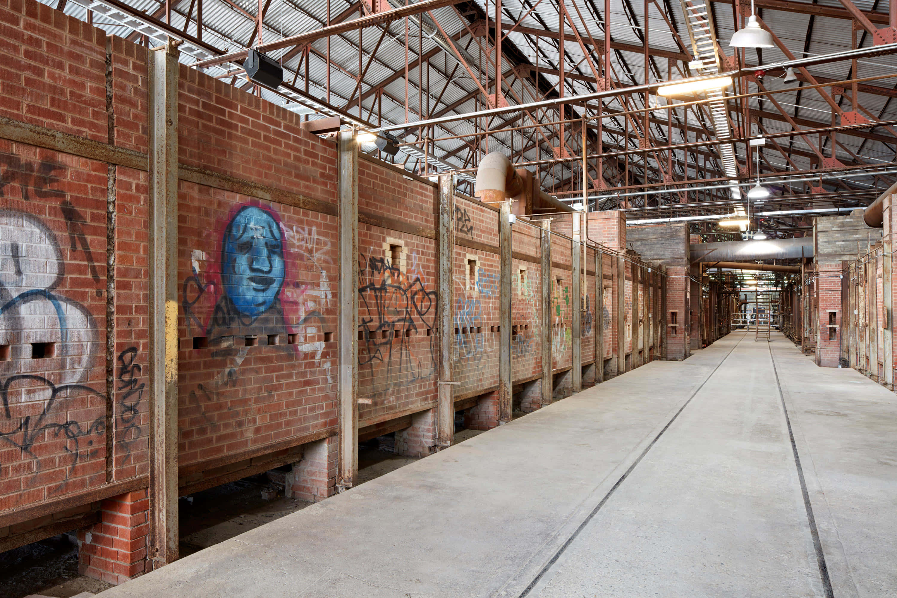 Evergreen Brick Works, industrial hallway, brick walls, 2K Desktop Wallpaper