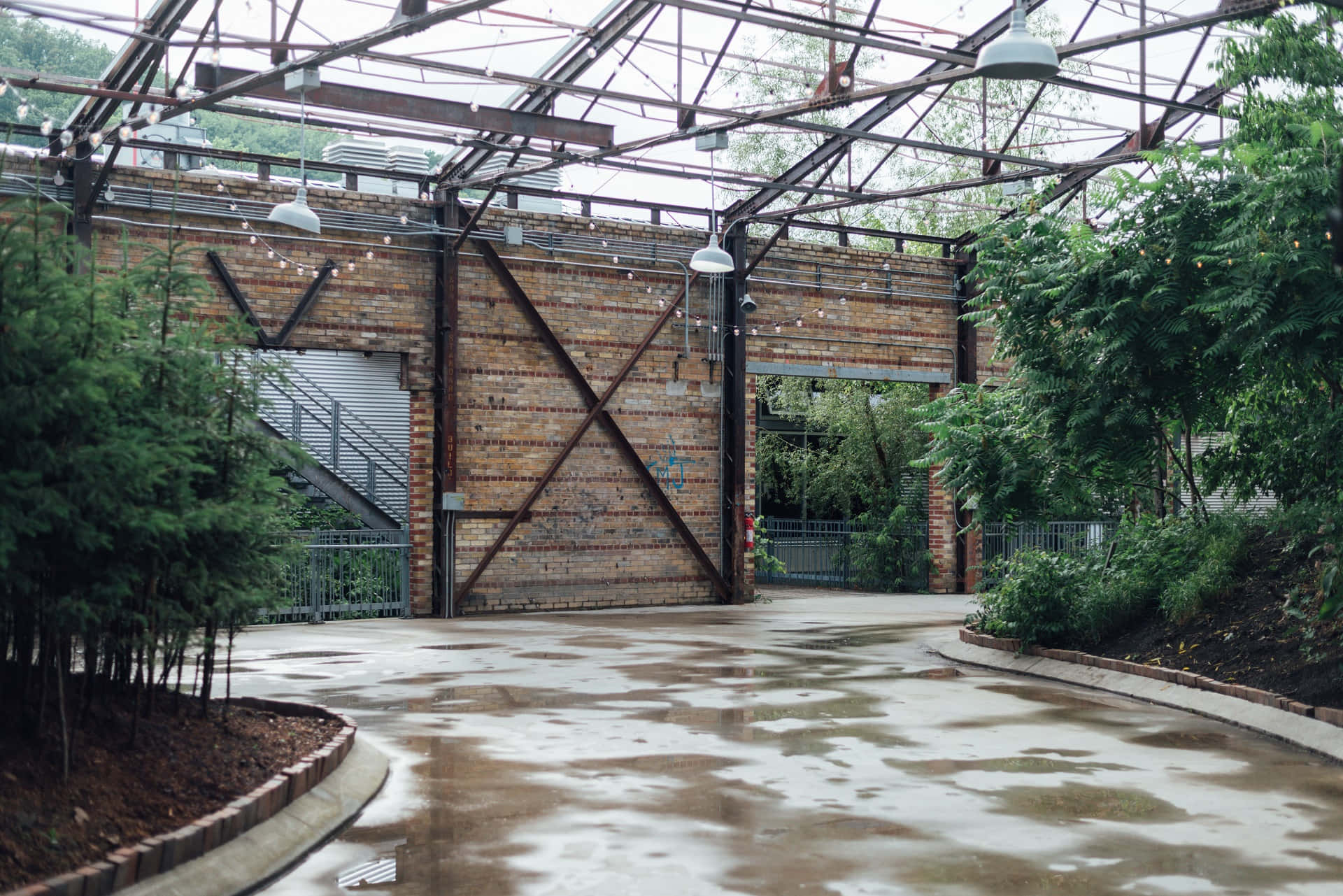 Evergreen Brick Works, industrial greenhouse, metal-framed glass roof, Full HD Desktop Wallpaper