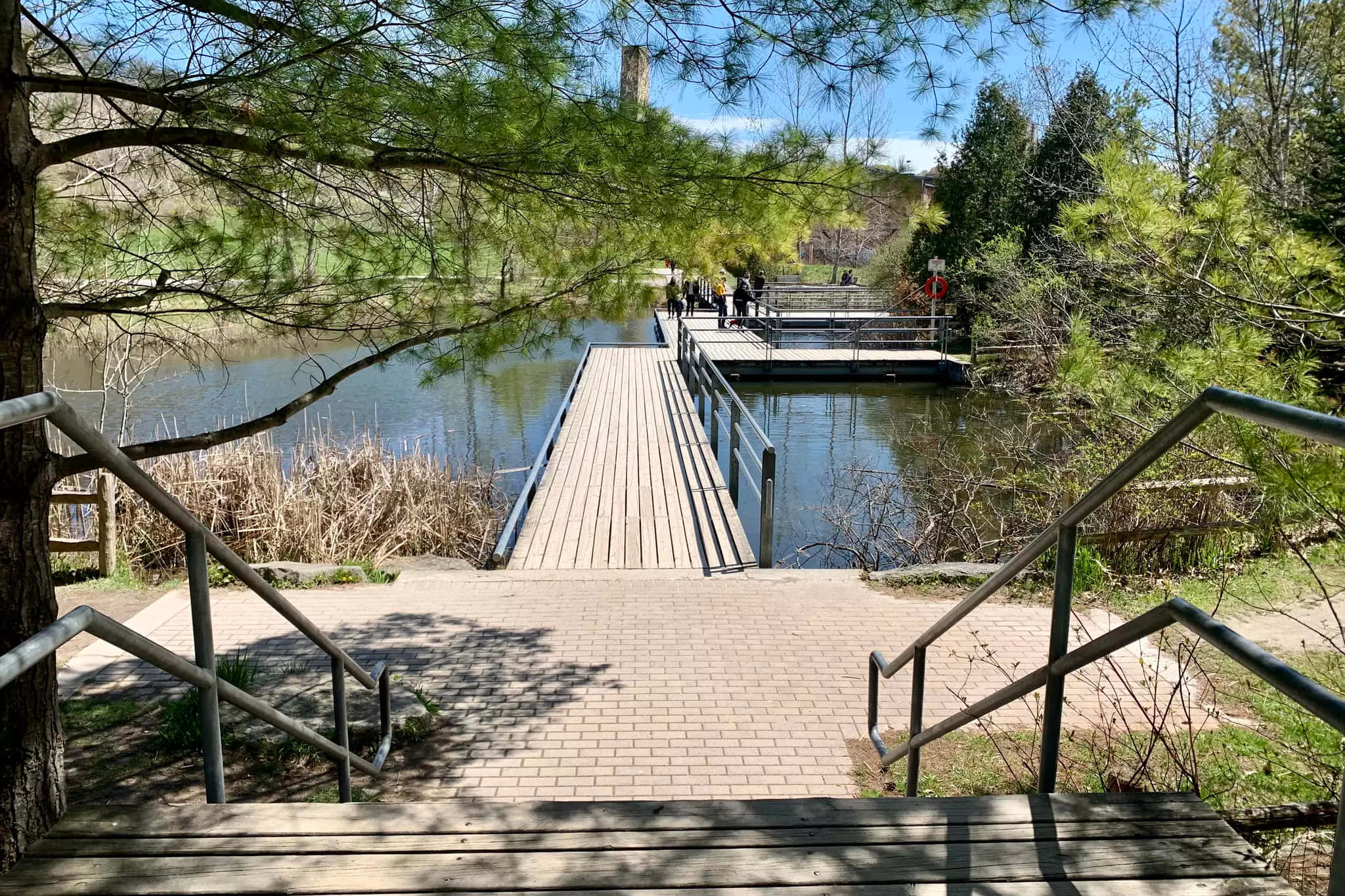 Evergreen Brick Works, pond walkway, wooden dock, Full HD Desktop Wallpaper