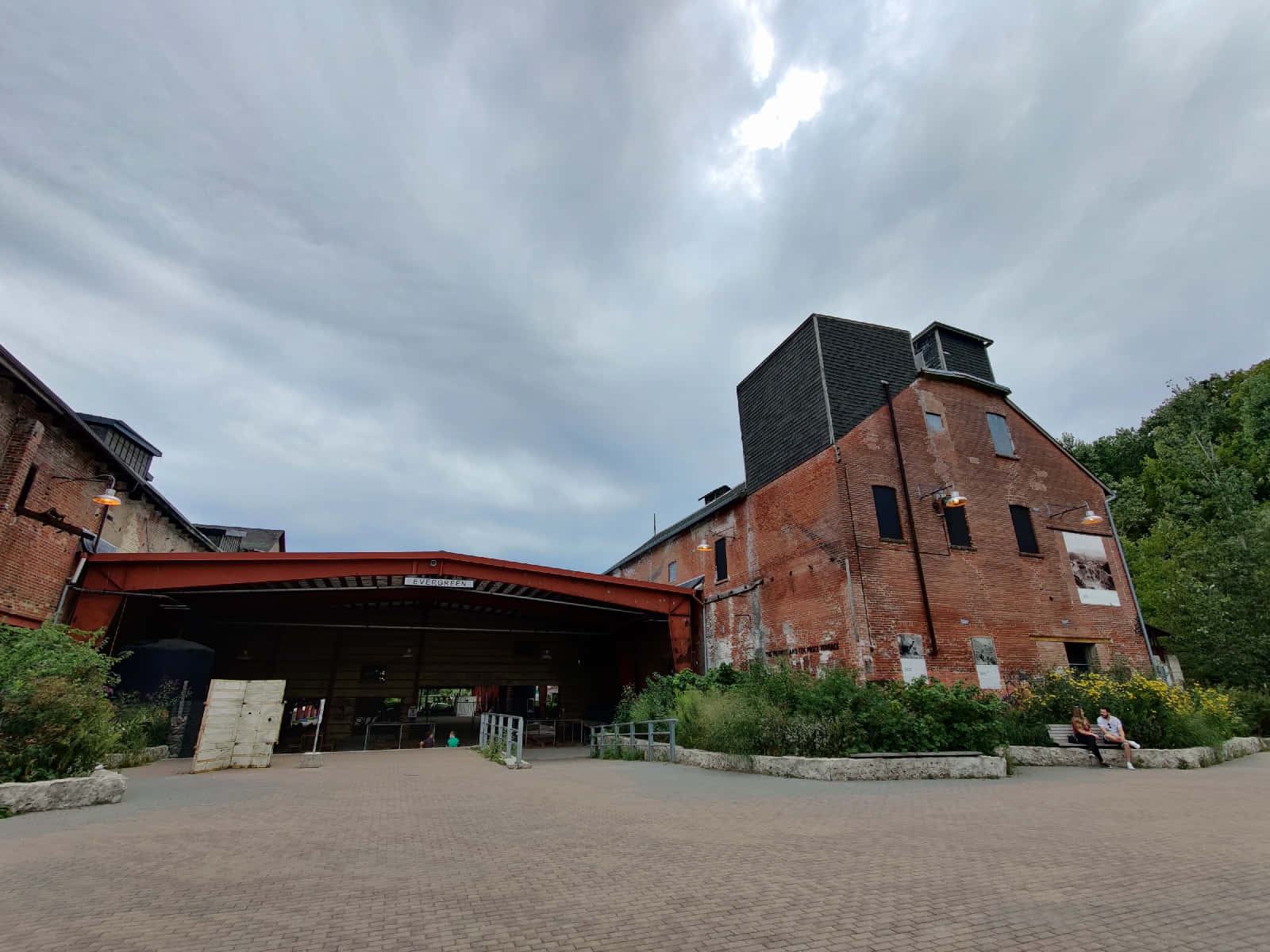 Evergreen Brick Works, red metal canopy, cloudy sky, HD Desktop Wallpaper