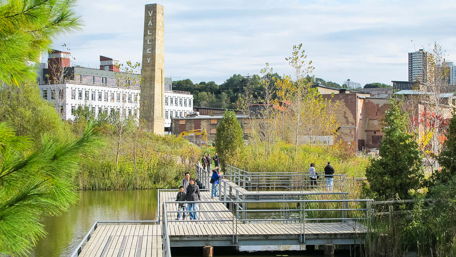 Evergreen Brick Works, pond, walkway, HD Desktop Wallpaper