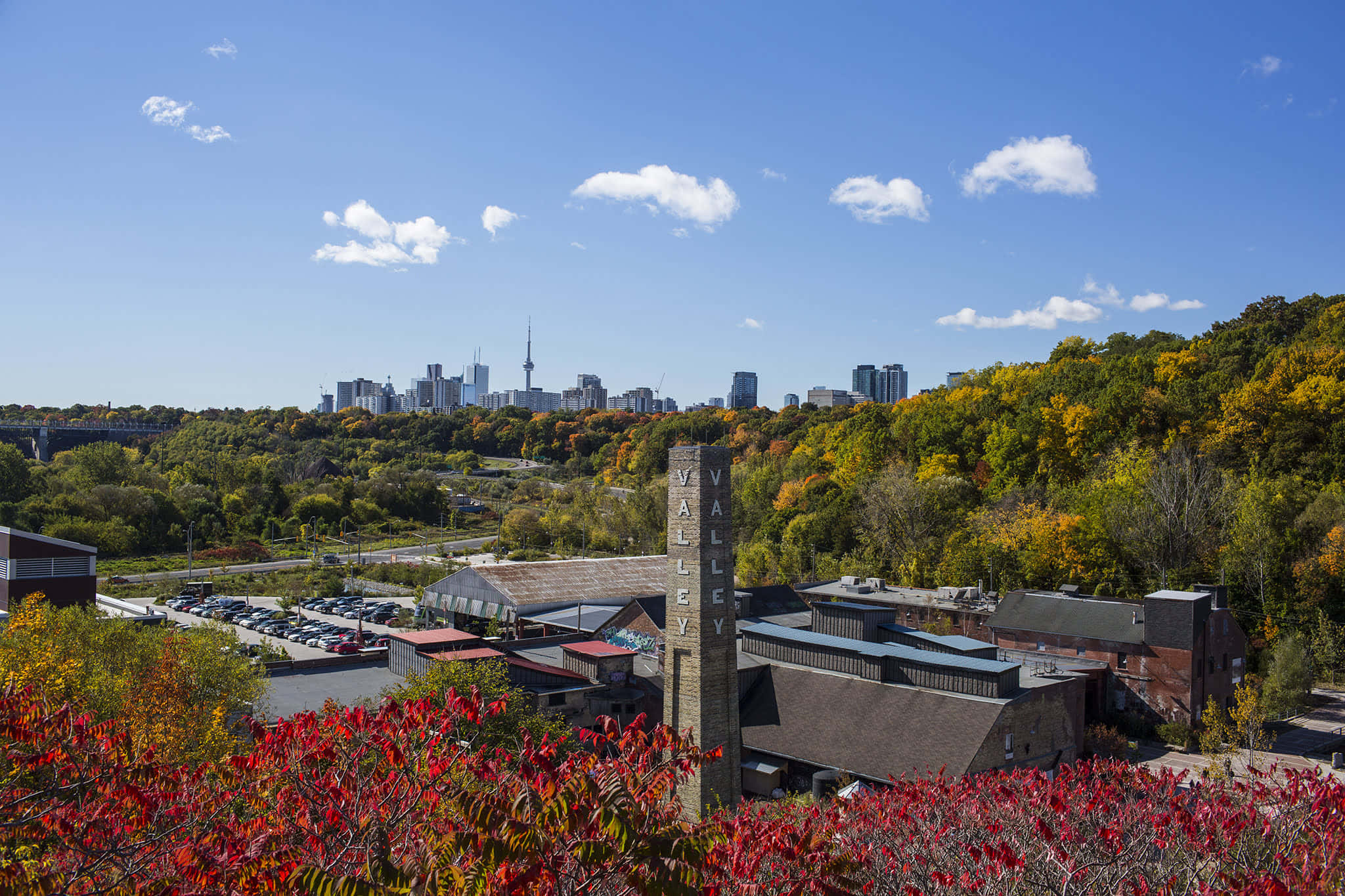 Evergreen Brick Works, autumn foliage, urban valley, Full HD Desktop Wallpaper