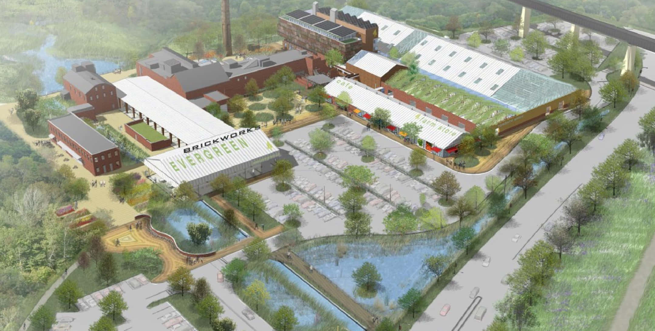 Evergreen Brick Works, aerial view, modern eco-friendly industrial complex, Full HD Desktop Wallpaper